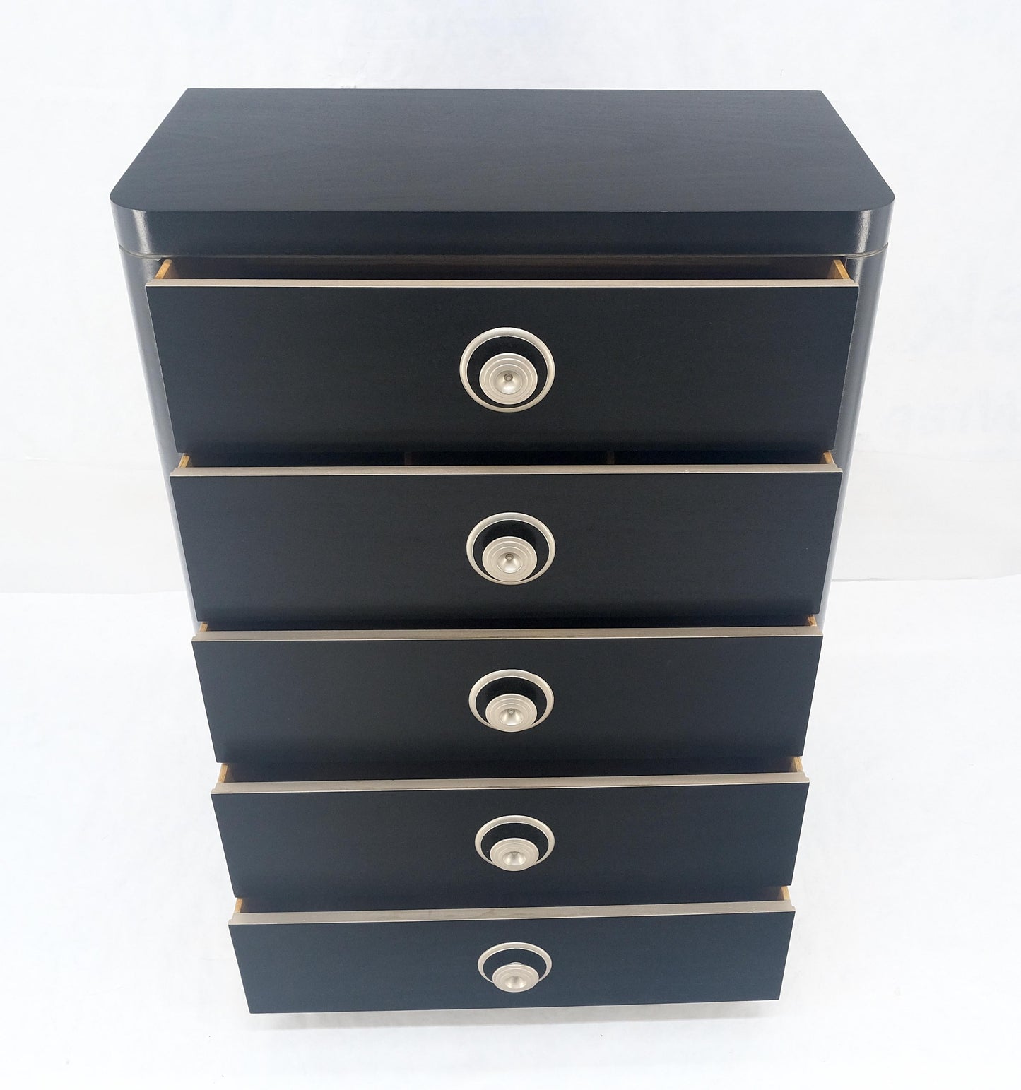 EstablishedLines Black Lacquer & Silver 5 Drawers Art Deco Tall Chest Dresser MINT