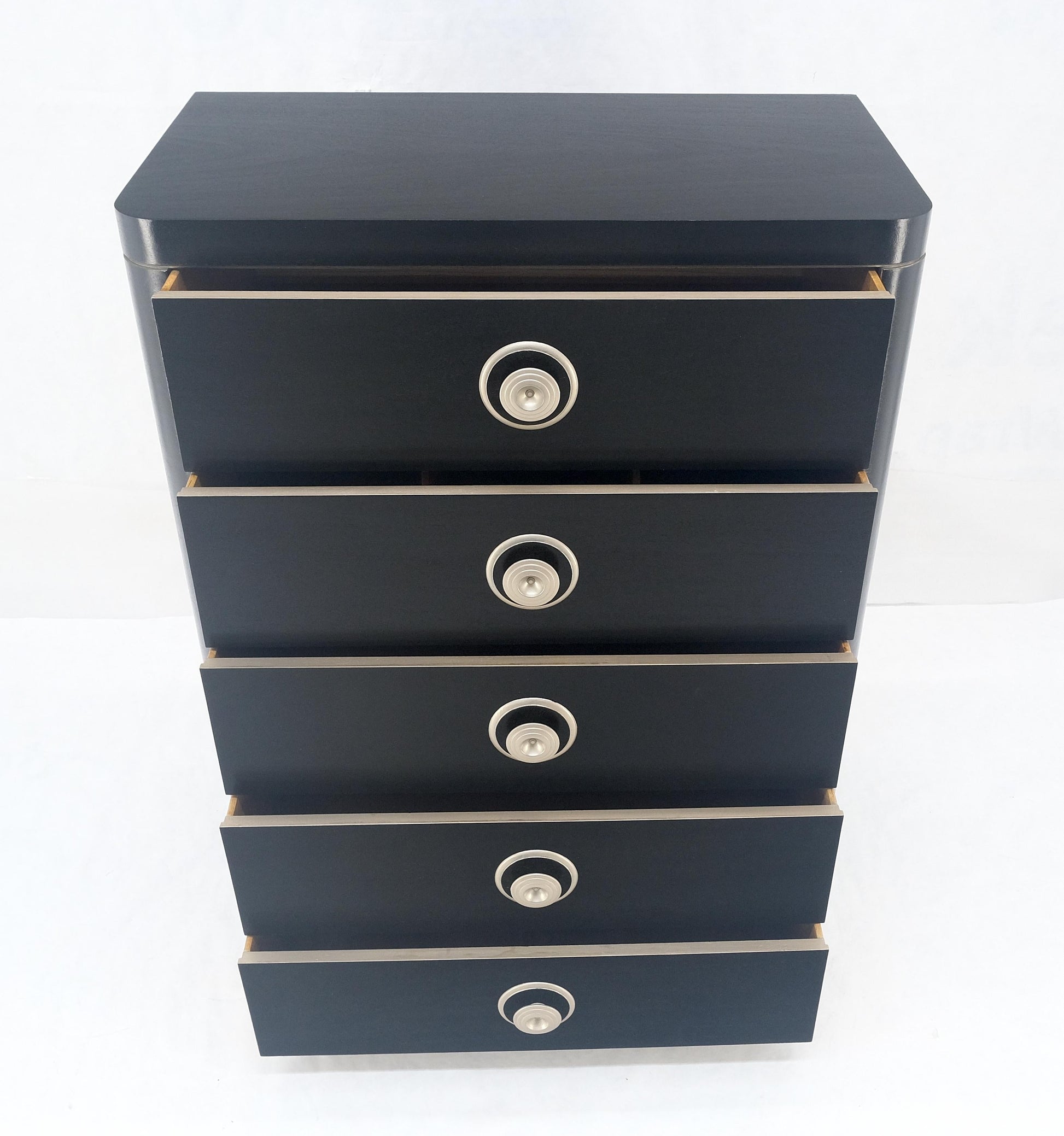 EstablishedLines Black Lacquer & Silver 5 Drawers Art Deco Tall Chest Dresser MINT