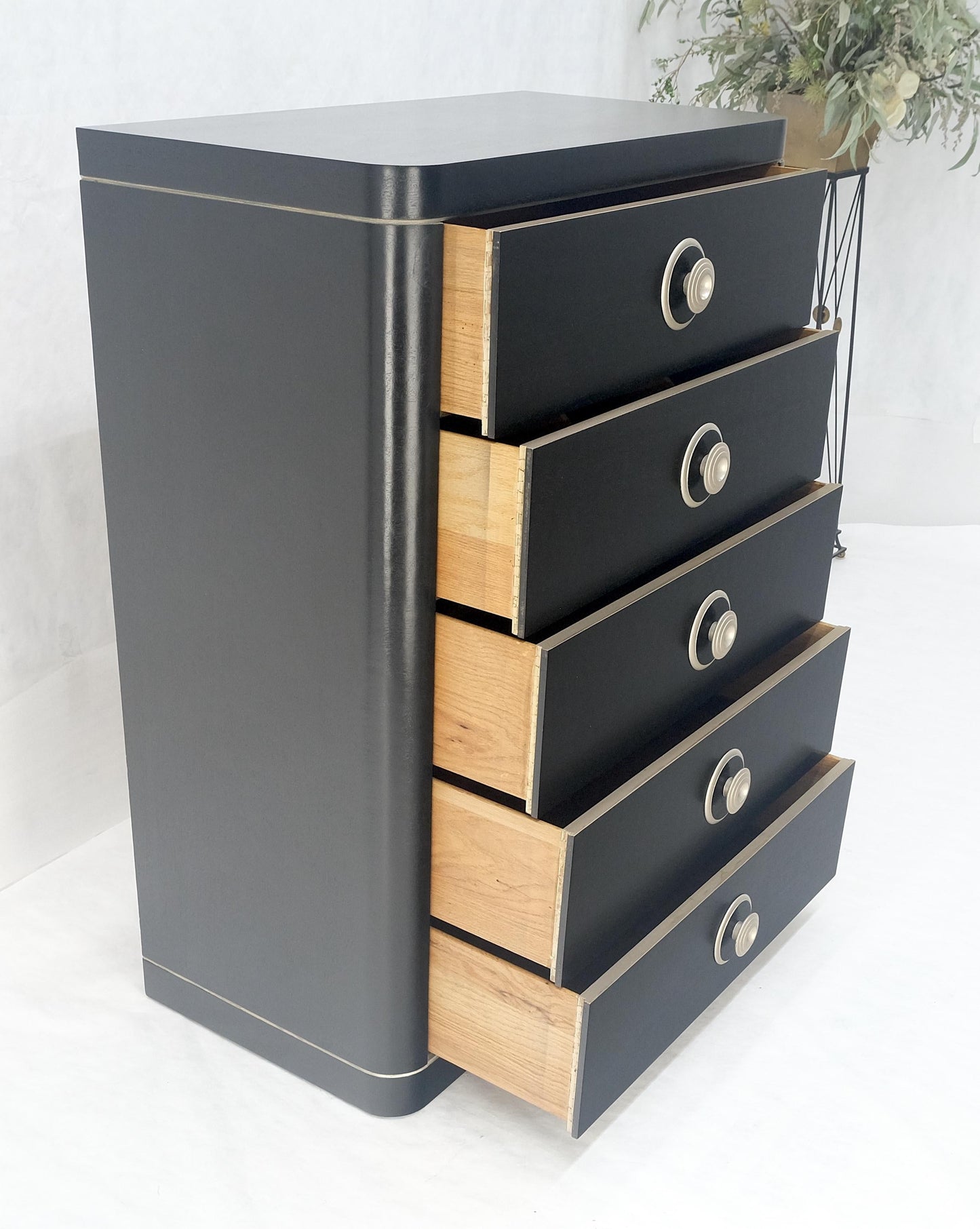EstablishedLines Black Lacquer & Silver 5 Drawers Art Deco Tall Chest Dresser MINT