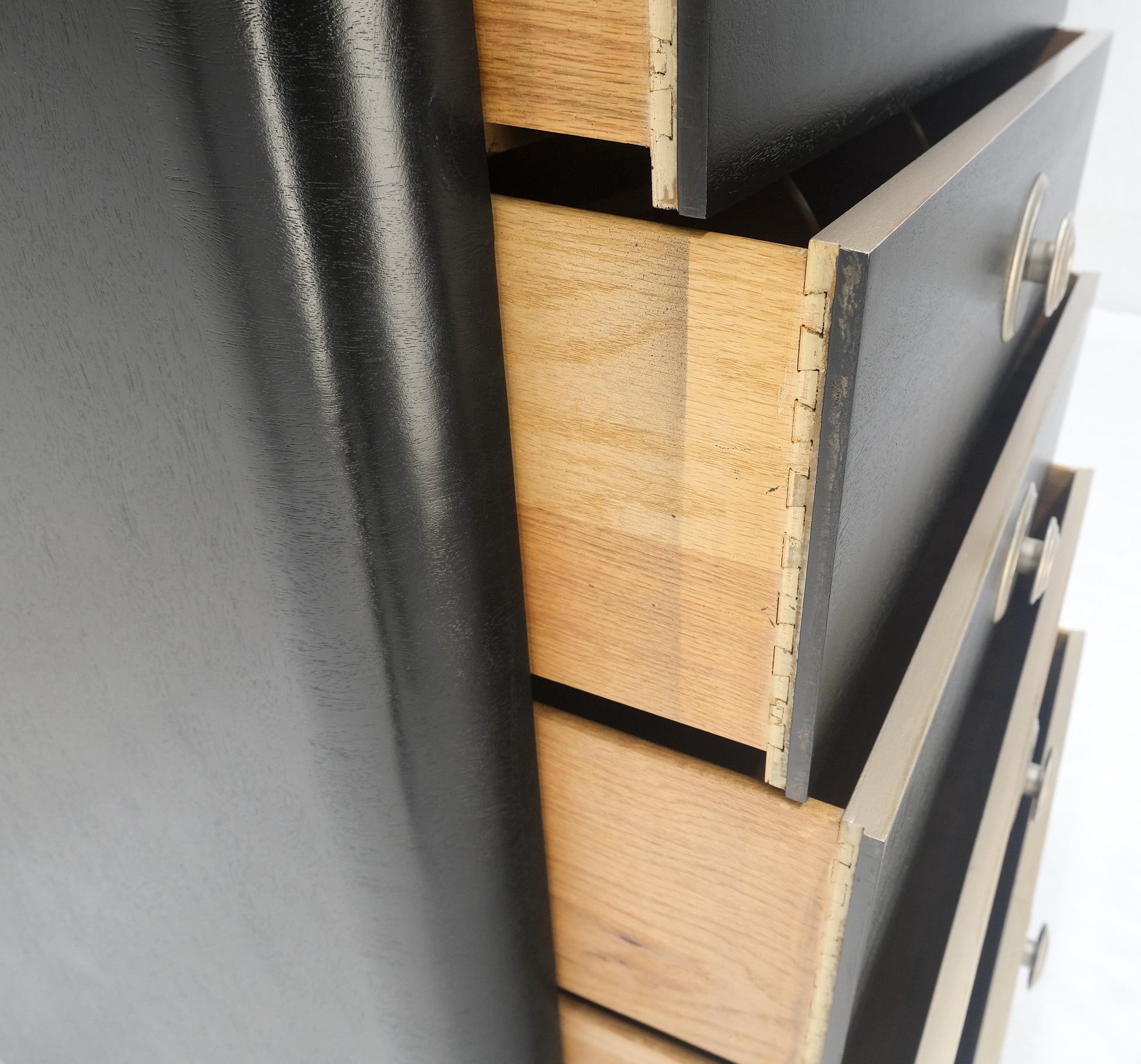 EstablishedLines Black Lacquer & Silver 5 Drawers Art Deco Tall Chest Dresser MINT