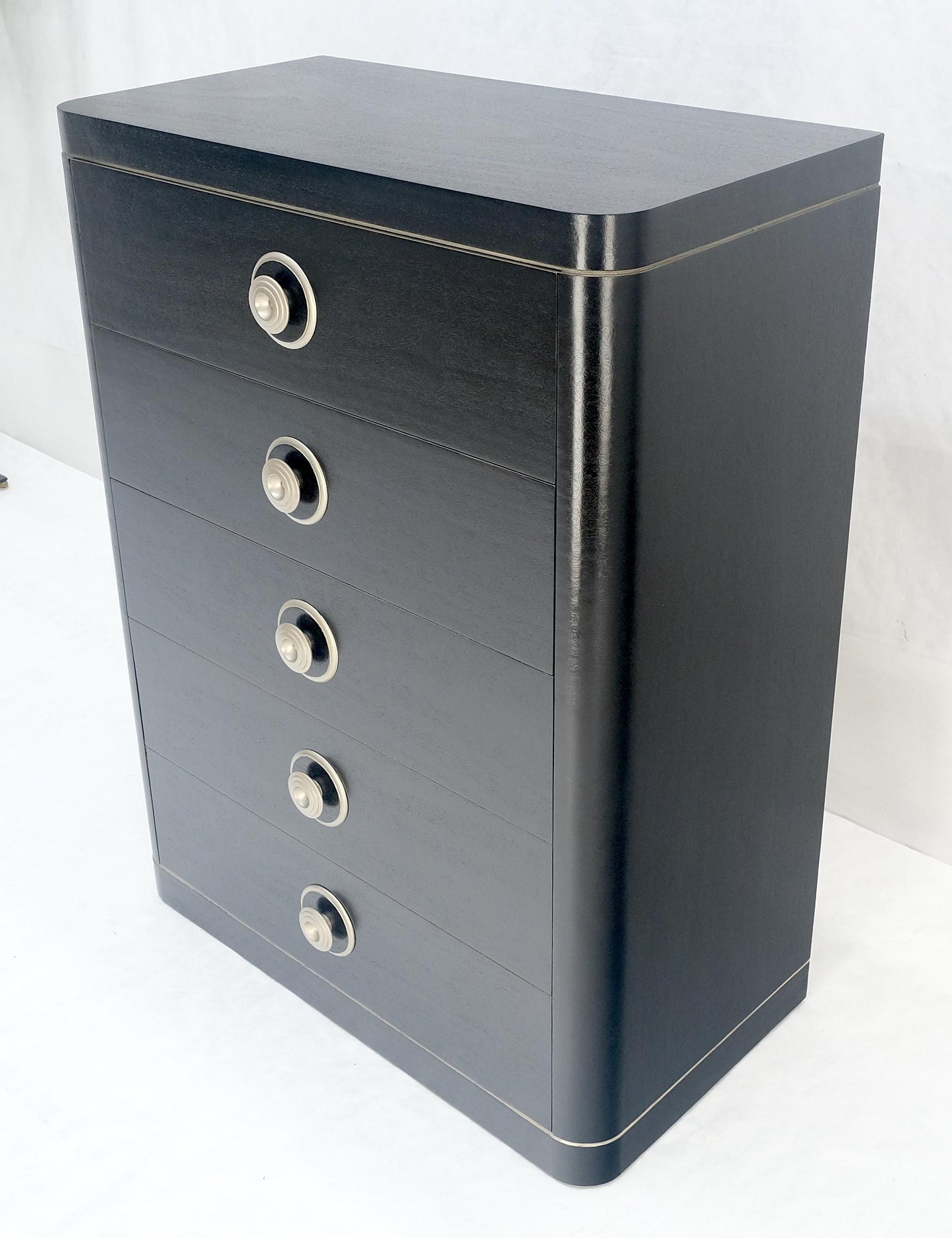 EstablishedLines Black Lacquer & Silver 5 Drawers Art Deco Tall Chest Dresser MINT