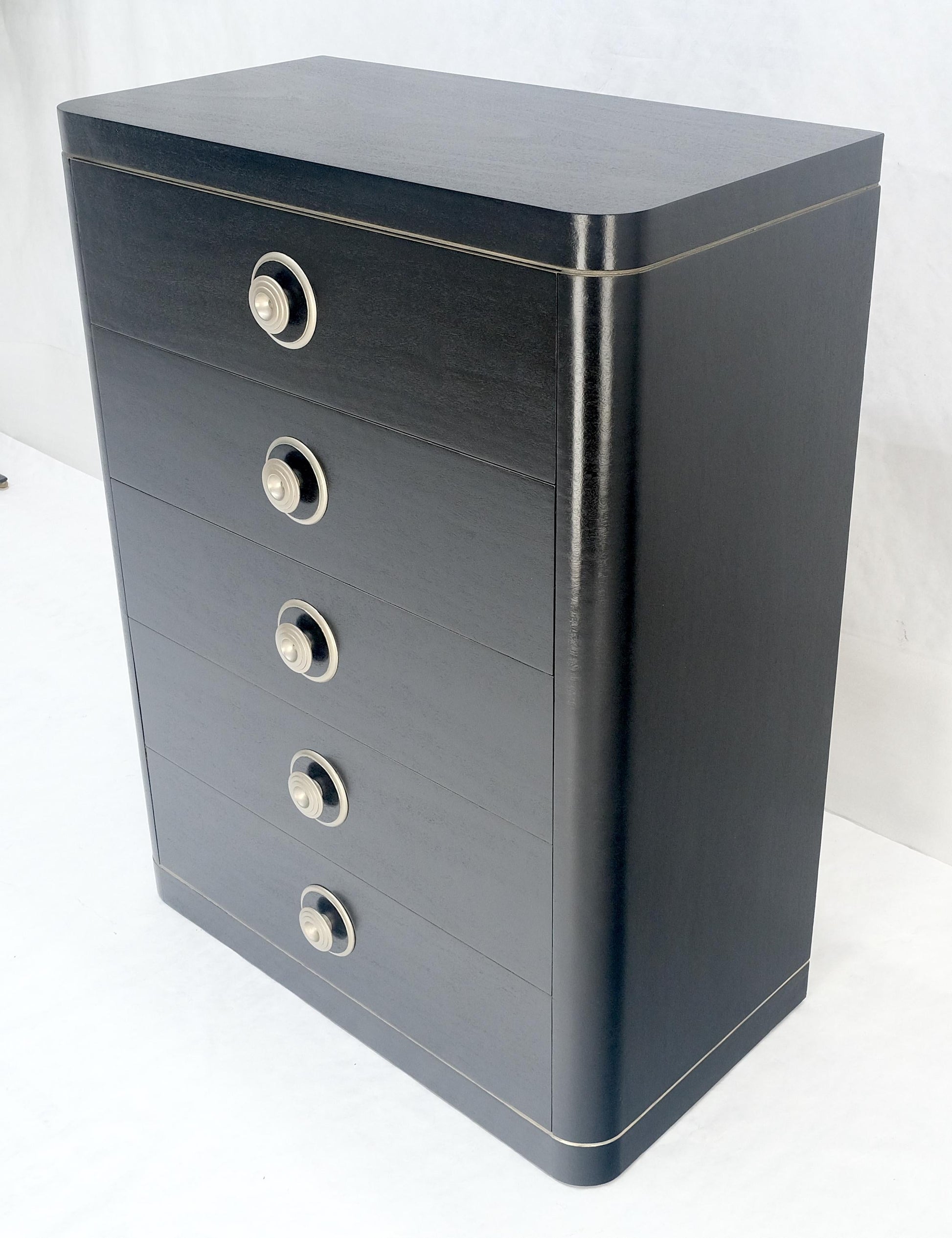 EstablishedLines Black Lacquer & Silver 5 Drawers Art Deco Tall Chest Dresser MINT