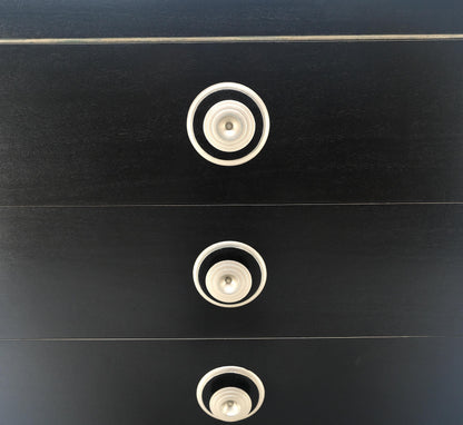 EstablishedLines Black Lacquer & Silver 5 Drawers Art Deco Tall Chest Dresser MINT
