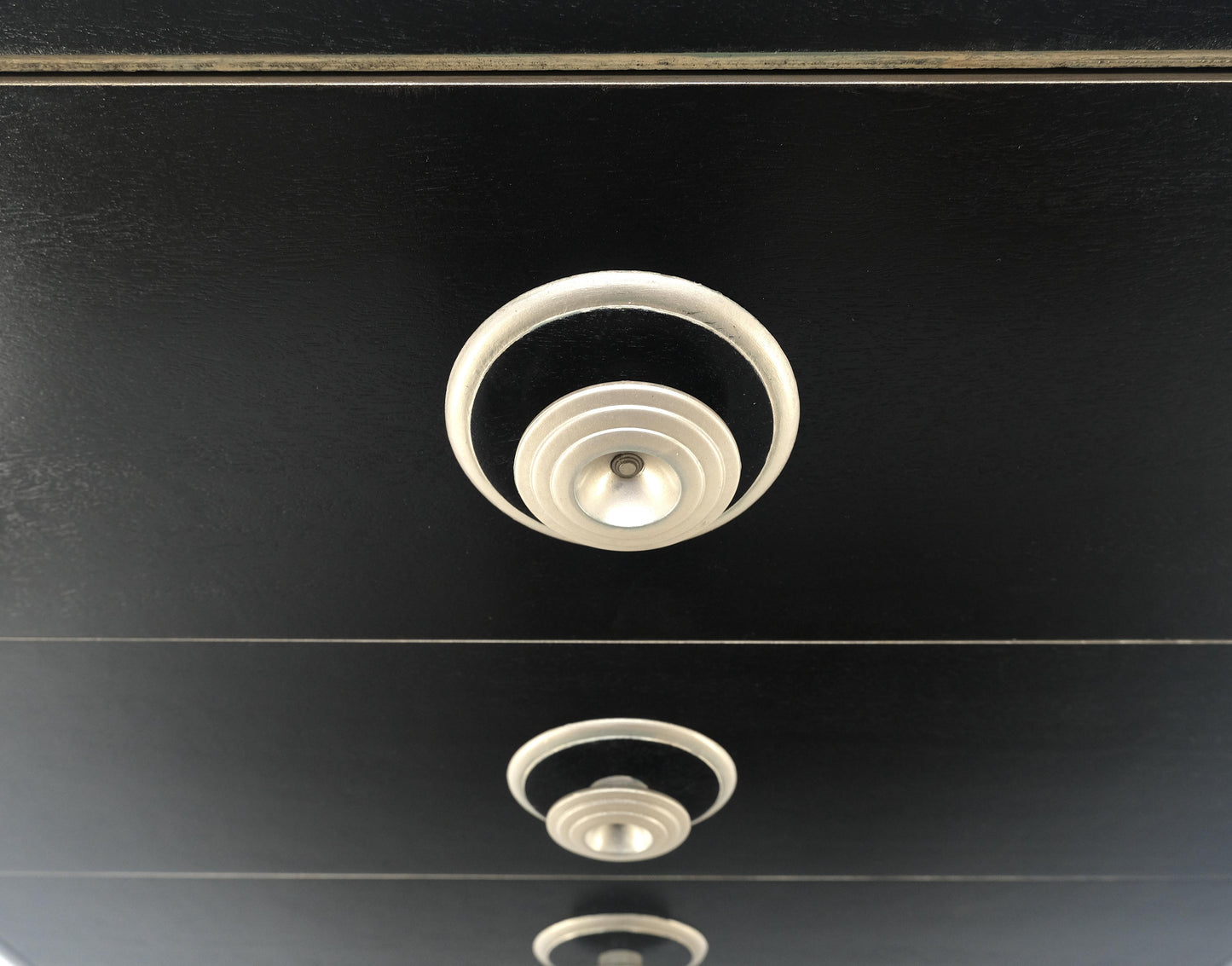 EstablishedLines Black Lacquer & Silver 5 Drawers Art Deco Tall Chest Dresser MINT