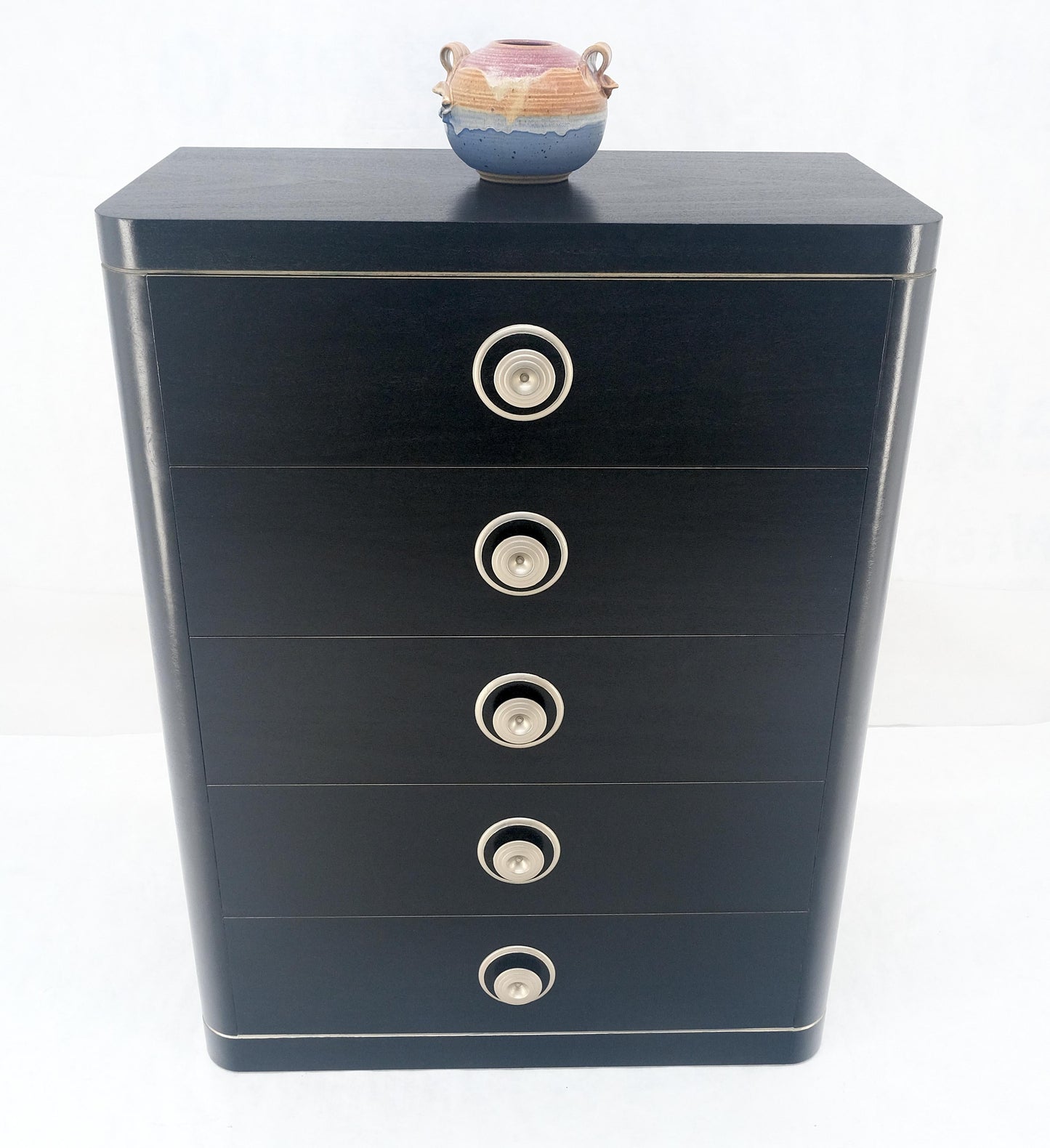 EstablishedLines Black Lacquer & Silver 5 Drawers Art Deco Tall Chest Dresser MINT