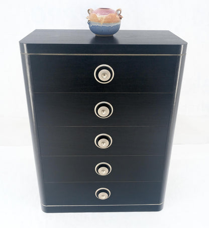 EstablishedLines Black Lacquer & Silver 5 Drawers Art Deco Tall Chest Dresser MINT