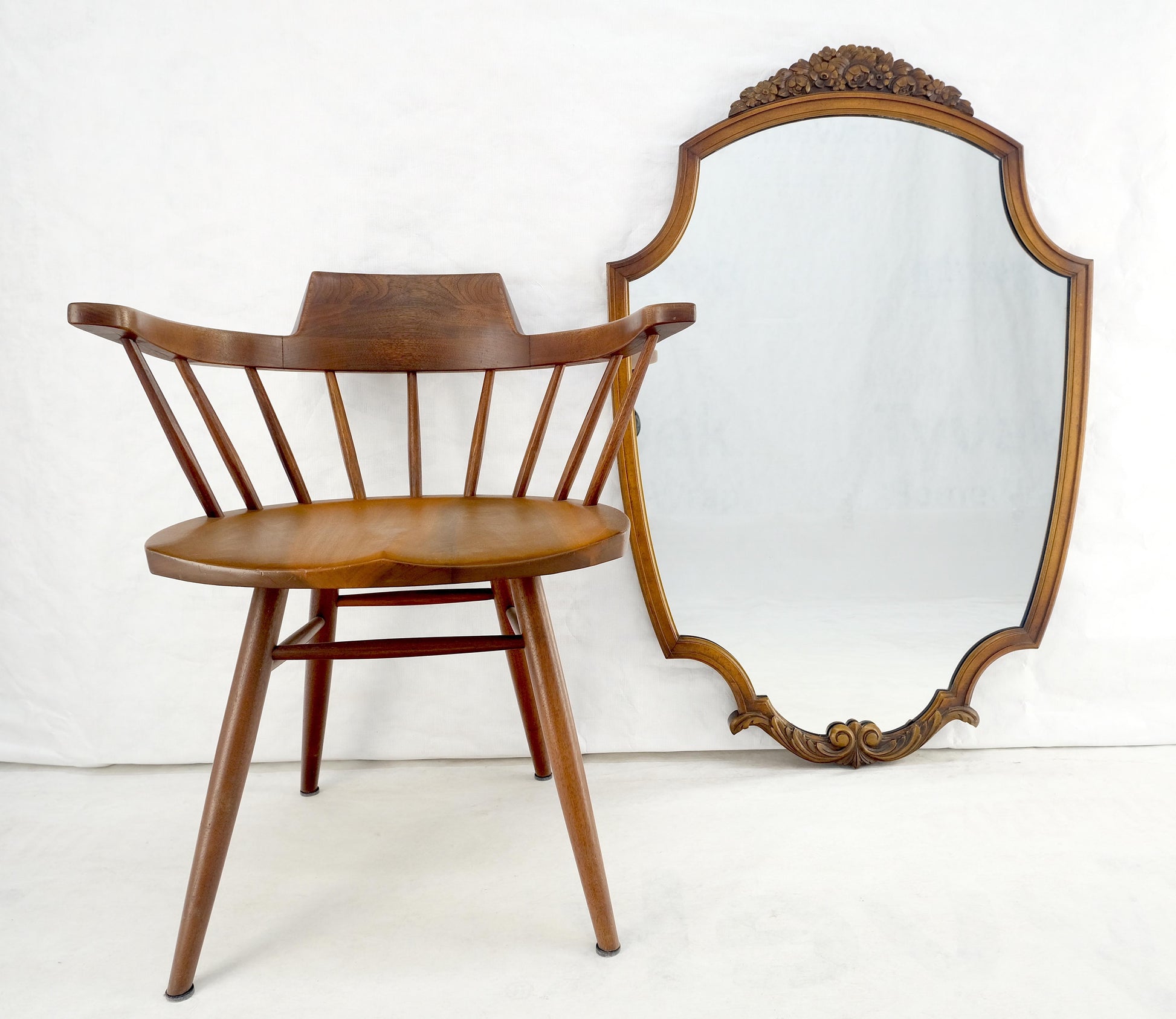 EstablishedLines Fine Shield Shape Carved Light Walnut Mirror c1940s MINT!