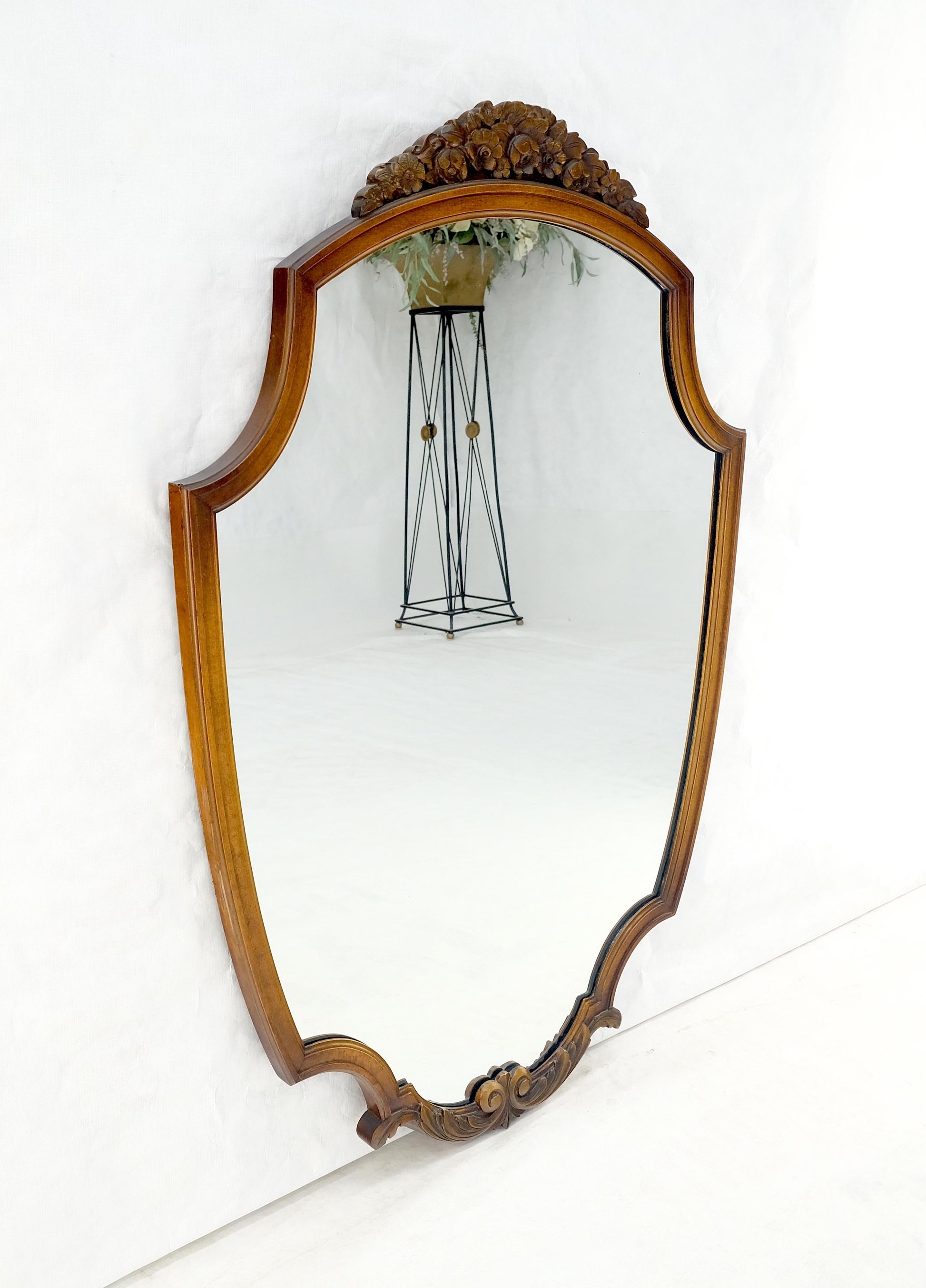 EstablishedLines Fine Shield Shape Carved Light Walnut Mirror c1940s MINT!
