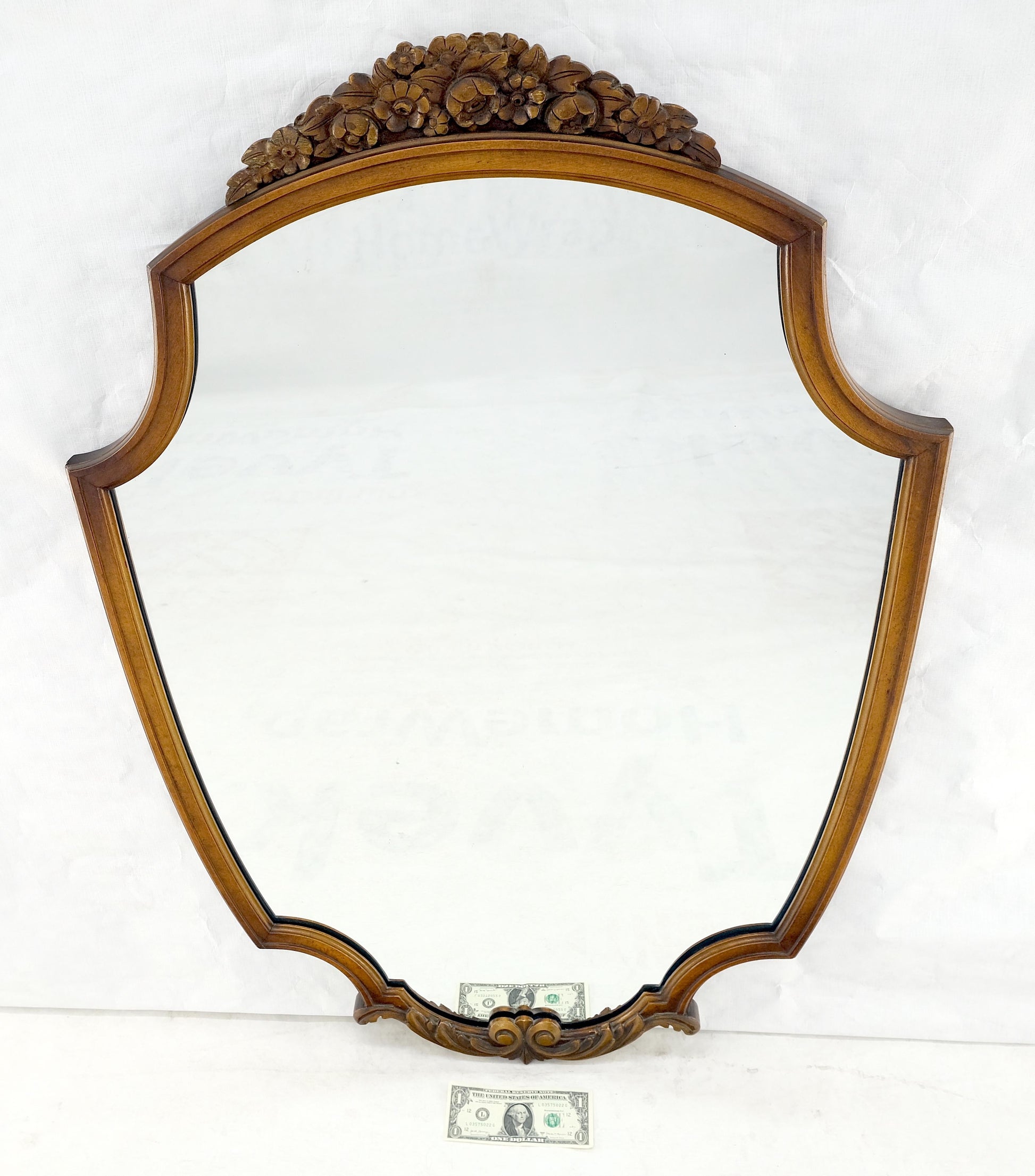 EstablishedLines Fine Shield Shape Carved Light Walnut Mirror c1940s MINT!