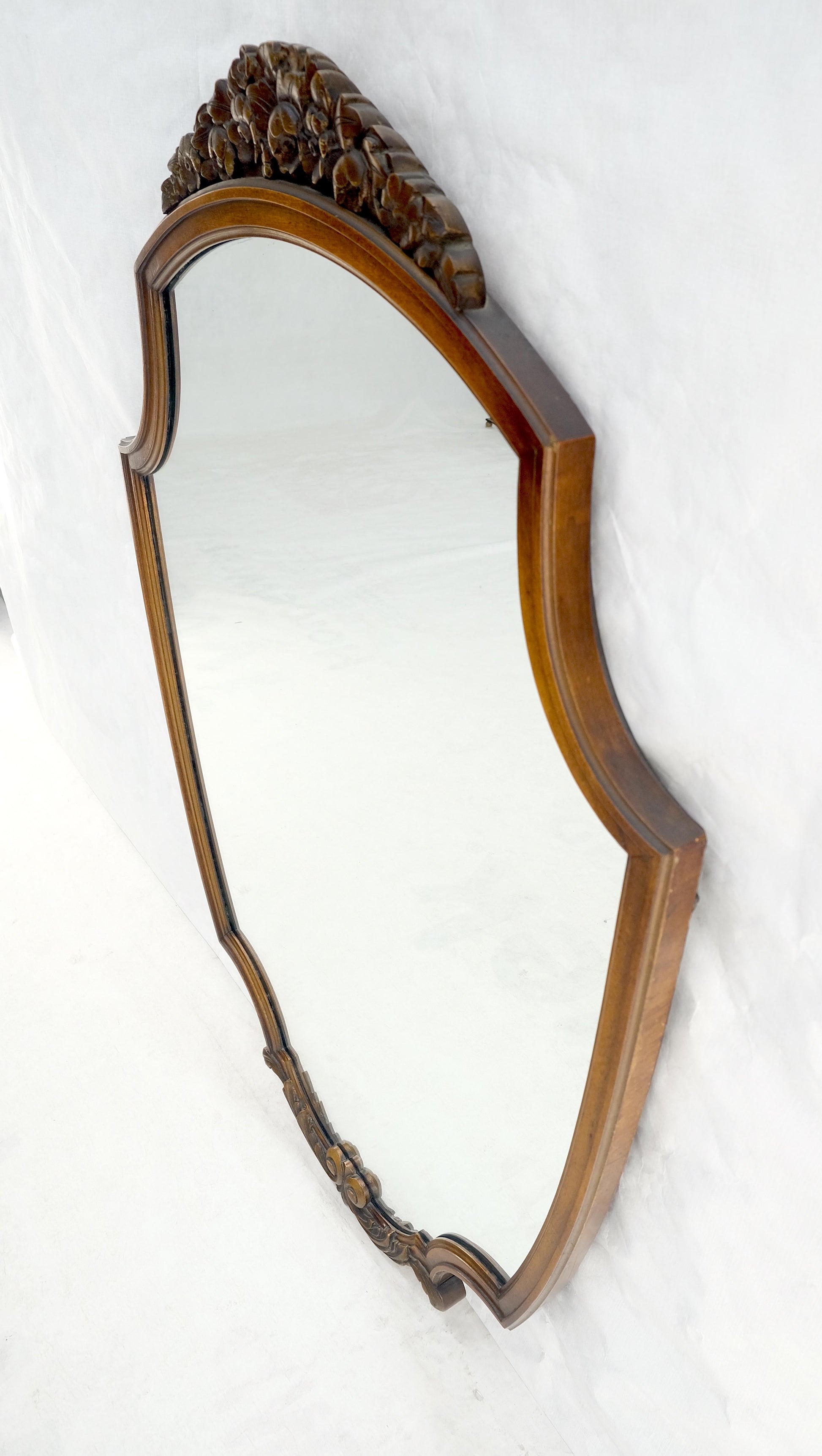 EstablishedLines Fine Shield Shape Carved Light Walnut Mirror c1940s MINT!
