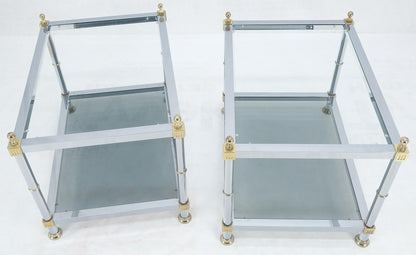 EstablishedLines Pair of Rectangle Chrome & Brass Smoked Glass Two Tier End Side Tables MINT!