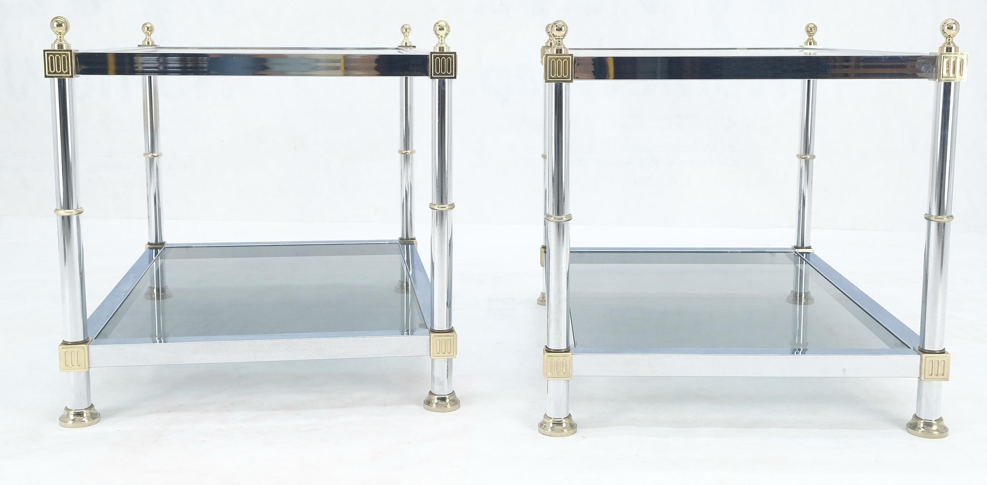 EstablishedLines Pair of Rectangle Chrome & Brass Smoked Glass Two Tier End Side Tables MINT!