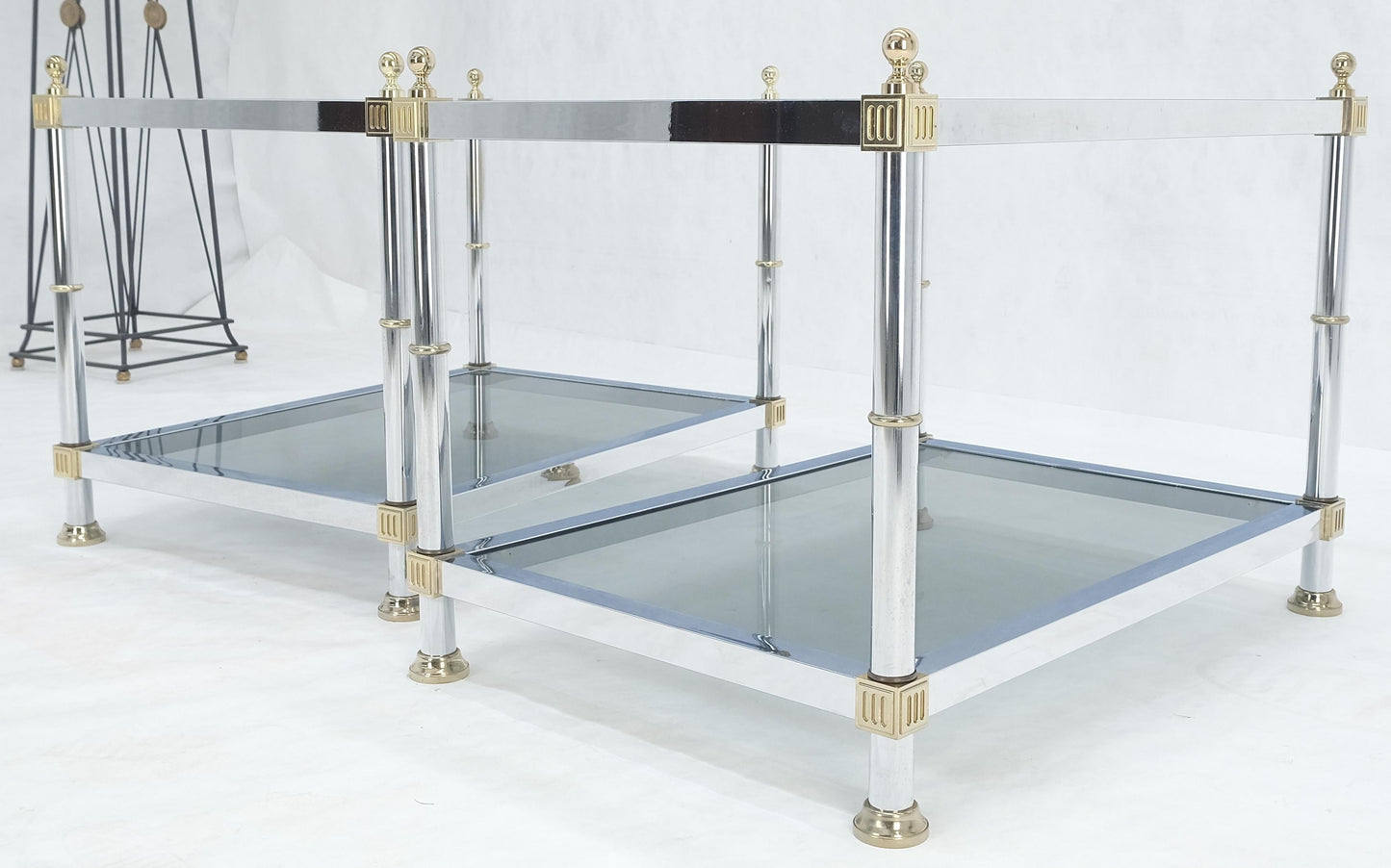 EstablishedLines Pair of Rectangle Chrome & Brass Smoked Glass Two Tier End Side Tables MINT!