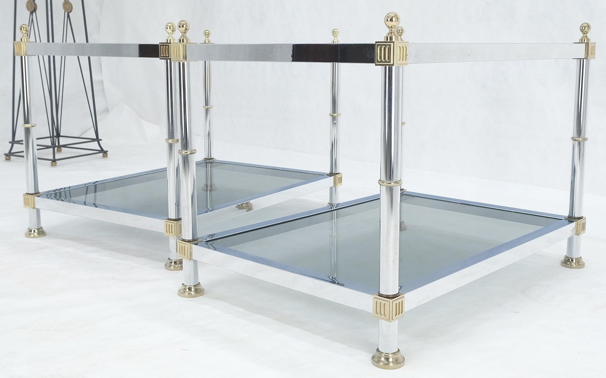 EstablishedLines Pair of Rectangle Chrome & Brass Smoked Glass Two Tier End Side Tables MINT!
