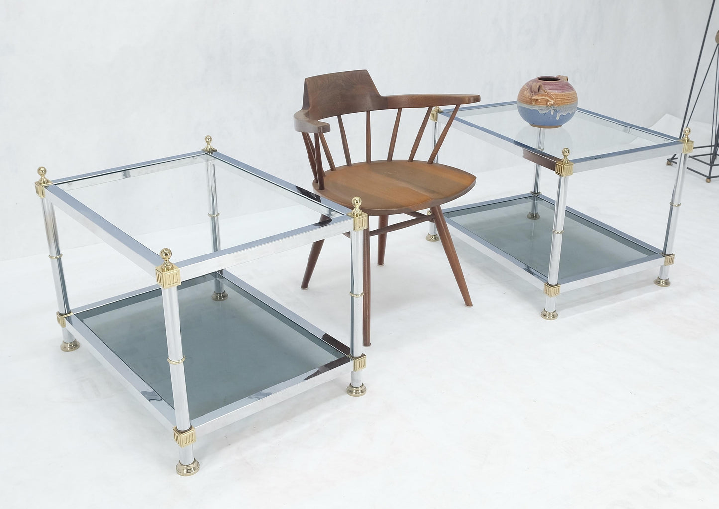 EstablishedLines Pair of Rectangle Chrome & Brass Smoked Glass Two Tier End Side Tables MINT!