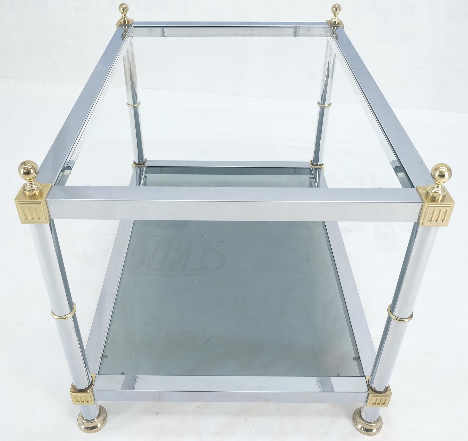EstablishedLines Pair of Rectangle Chrome & Brass Smoked Glass Two Tier End Side Tables MINT!