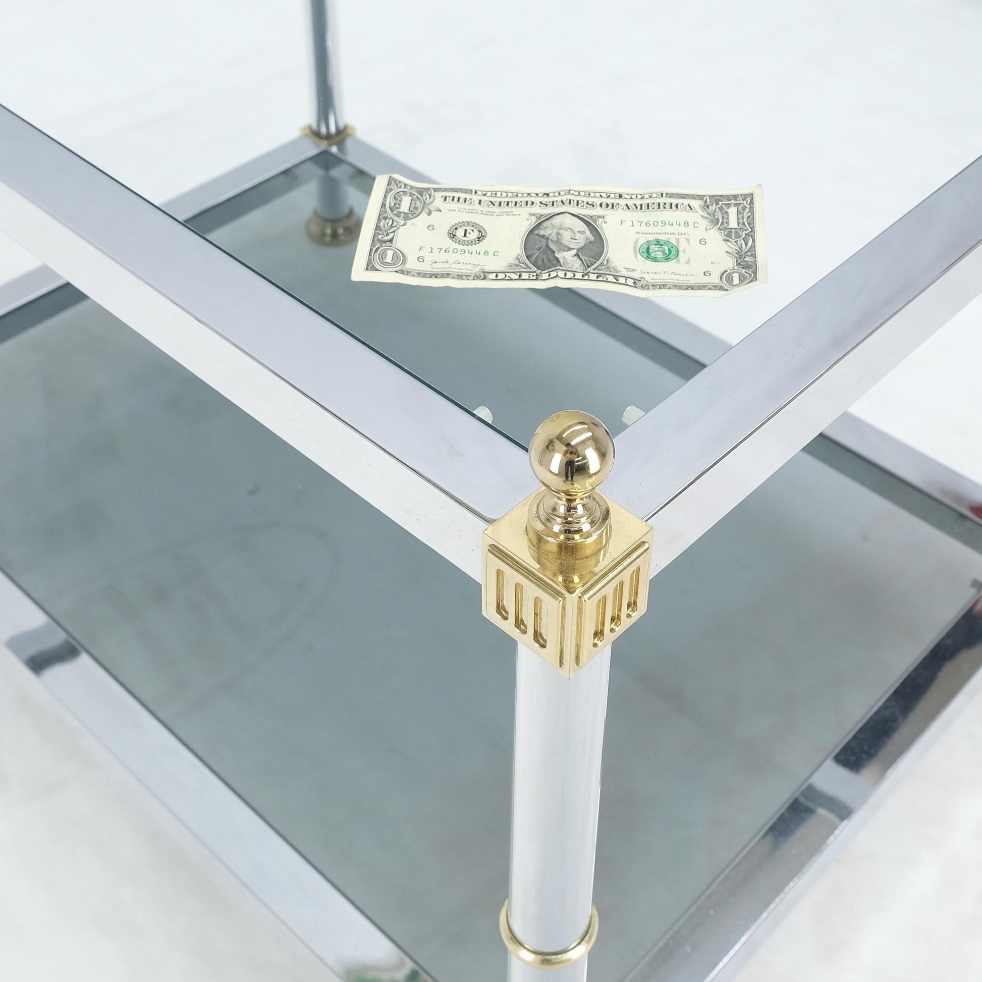EstablishedLines Pair of Rectangle Chrome & Brass Smoked Glass Two Tier End Side Tables MINT!