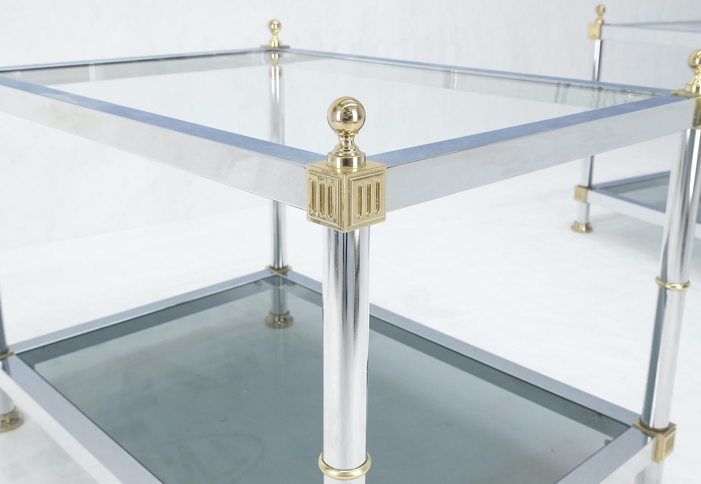EstablishedLines Pair of Rectangle Chrome & Brass Smoked Glass Two Tier End Side Tables MINT!