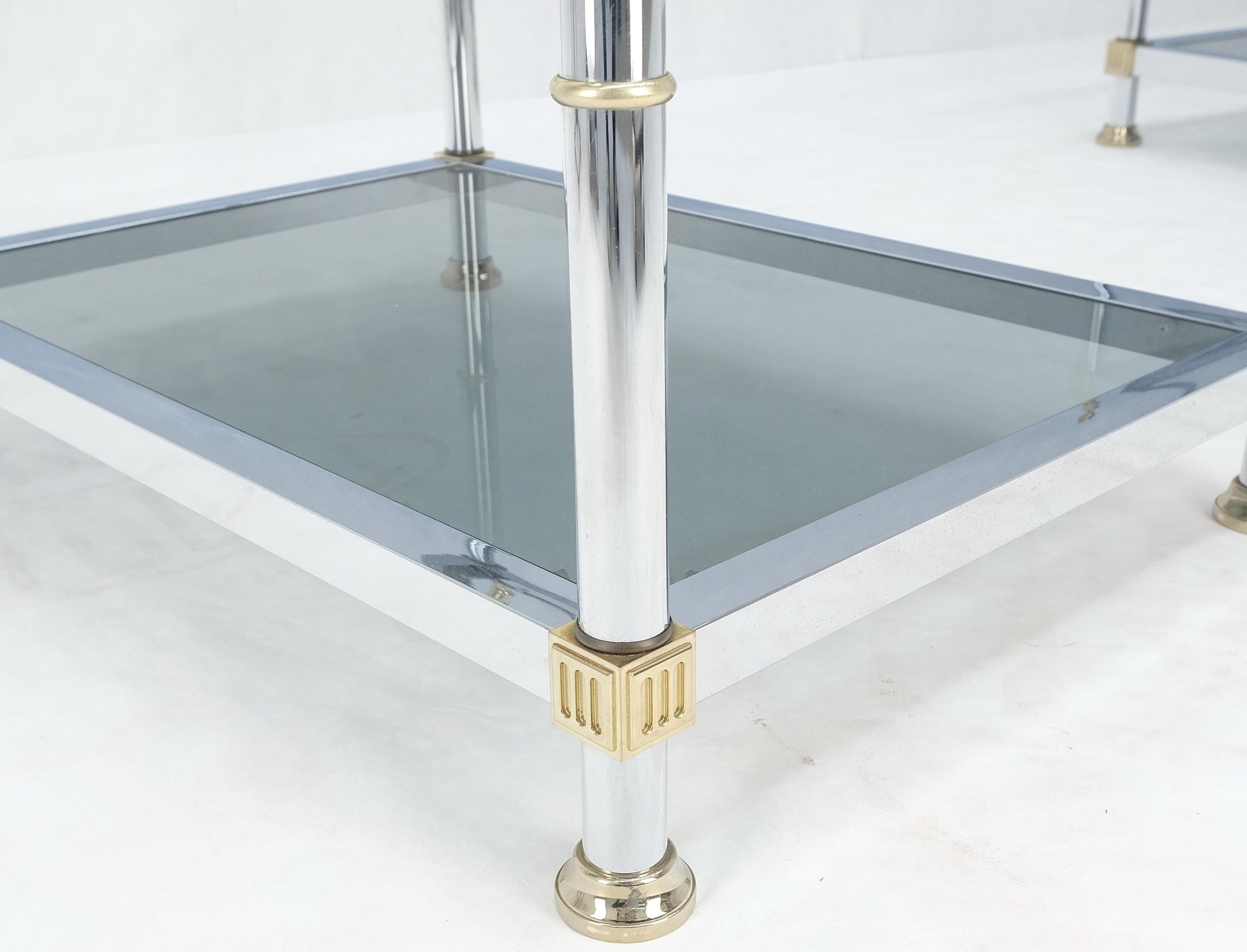 EstablishedLines Pair of Rectangle Chrome & Brass Smoked Glass Two Tier End Side Tables MINT!