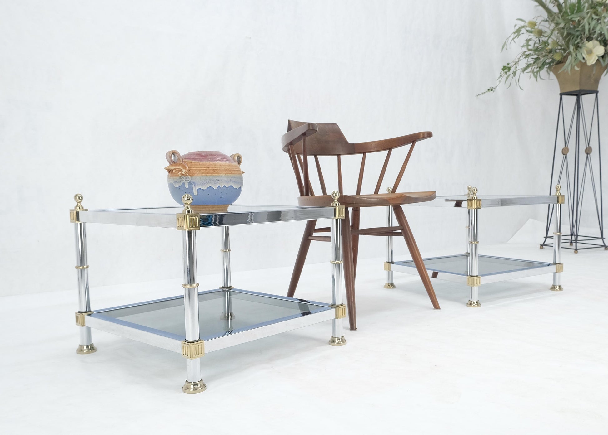 EstablishedLines Pair of Square Chrome & Brass Smoked Glass Two Tier End Side Tables MINT!