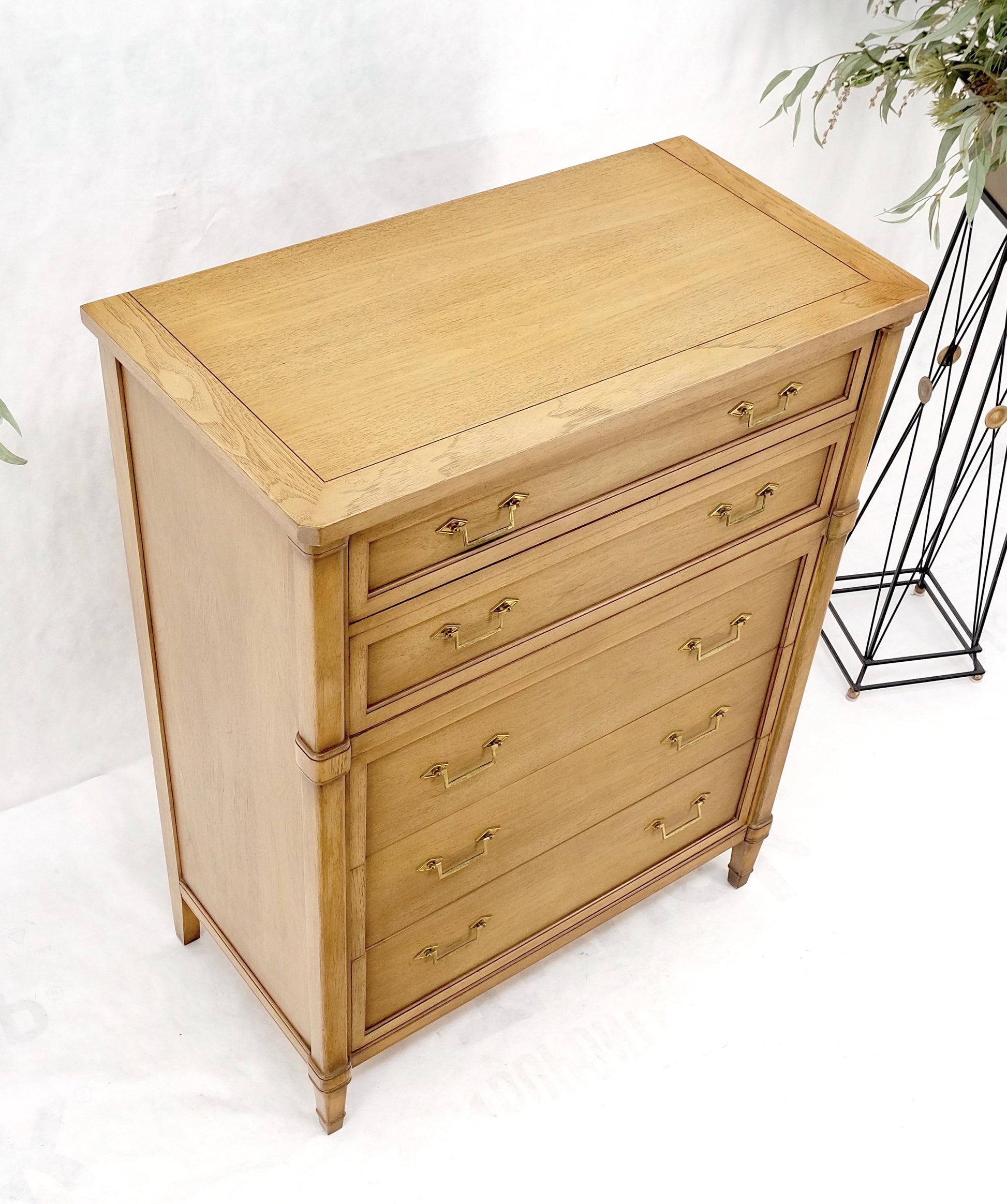 Mid-Century Modern Light Pickled Walnut Brass Pulls 5 Drawers Chest Dresser Mint