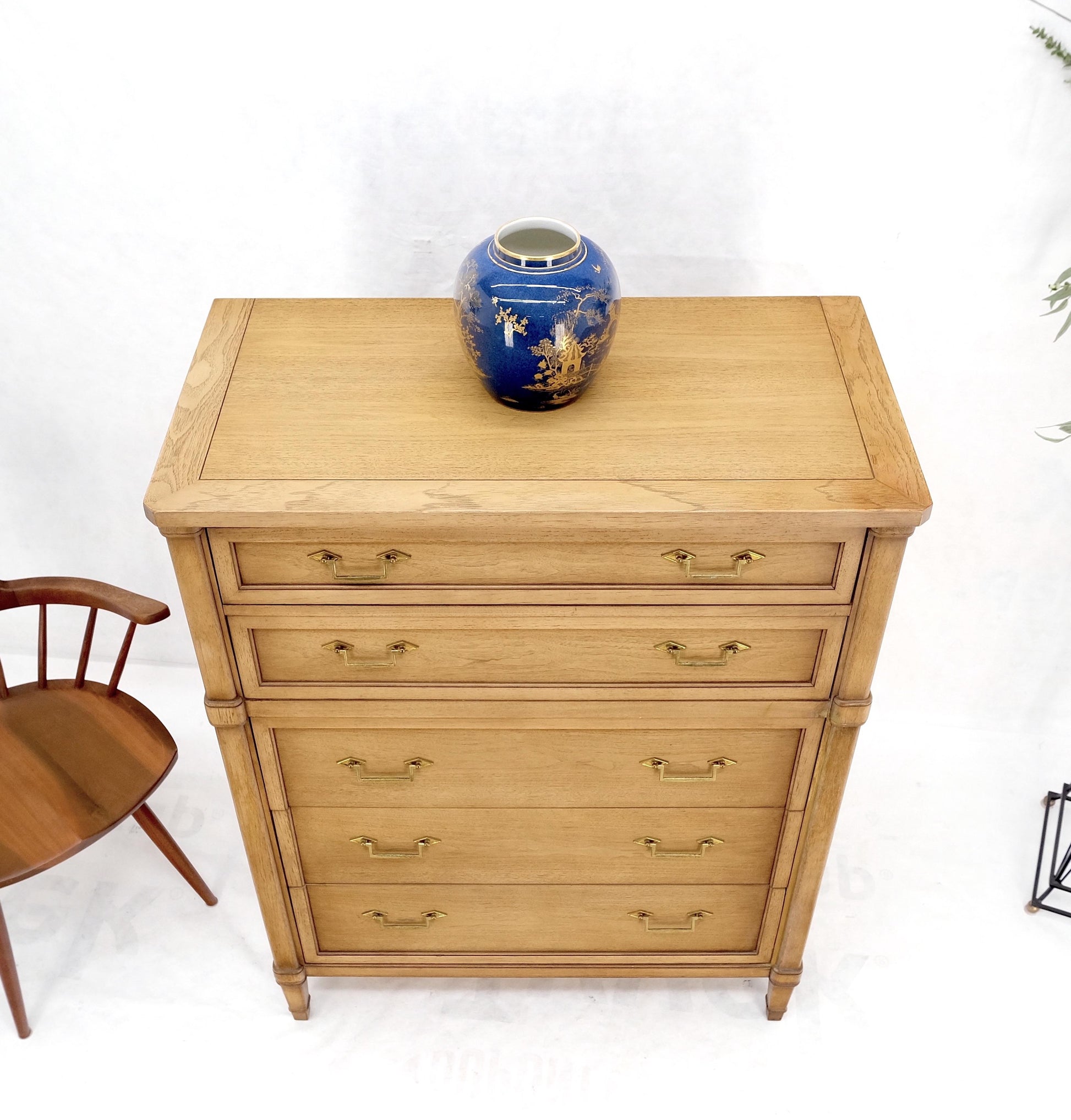 Mid-Century Modern Light Pickled Walnut Brass Pulls 5 Drawers Chest Dresser Mint