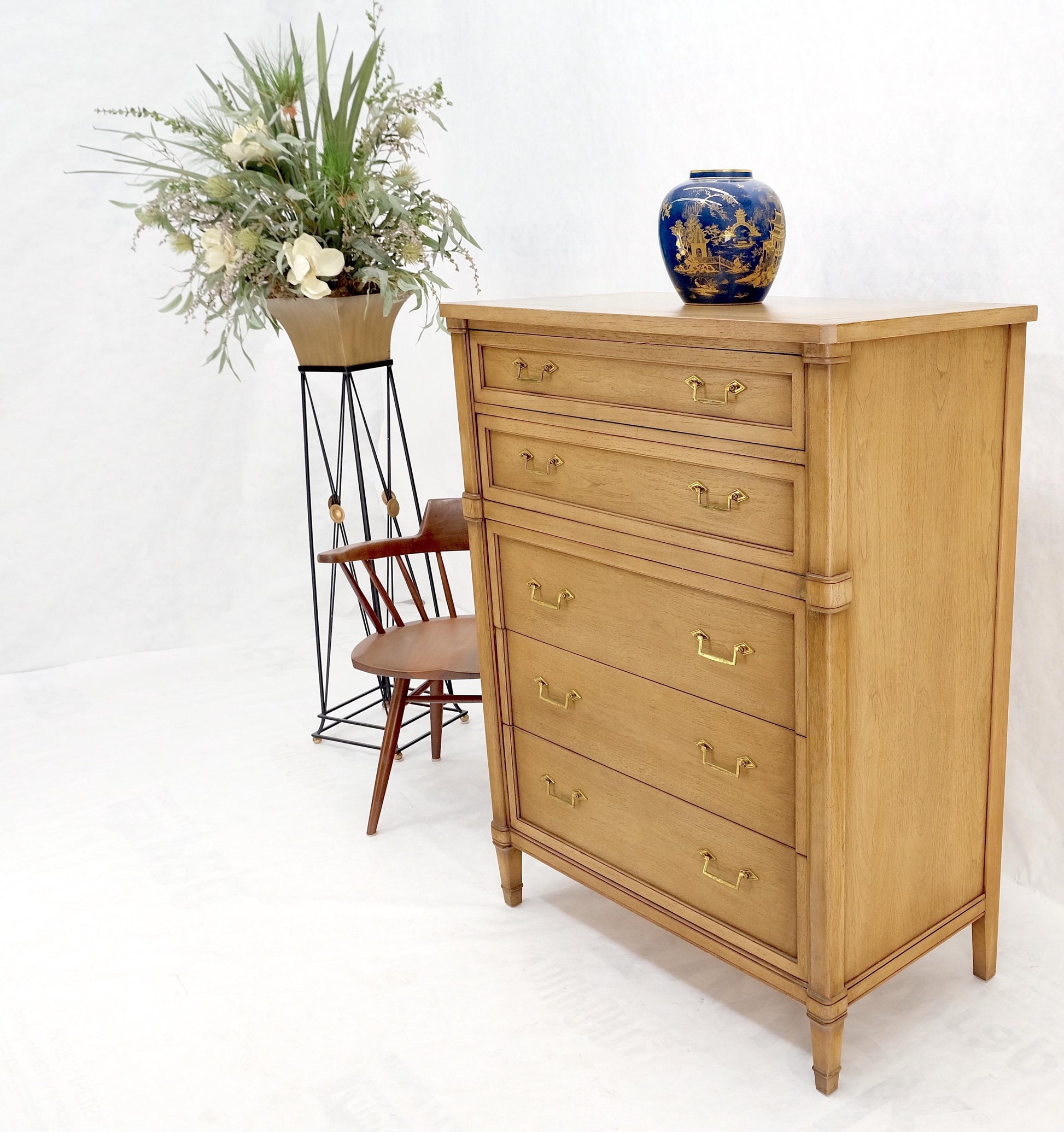 Mid-Century Modern Light Pickled Walnut Brass Pulls 5 Drawers Chest Dresser Mint