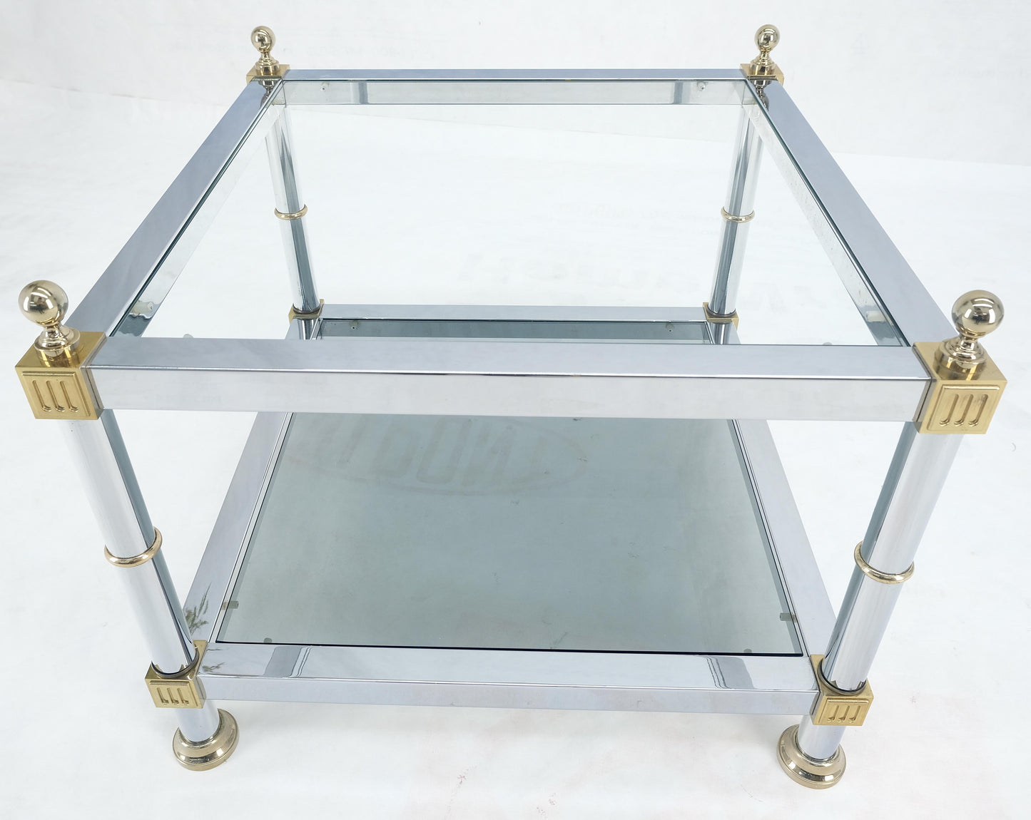EstablishedLines Pair of Square Chrome & Brass Smoked Glass Two Tier End Side Tables MINT!