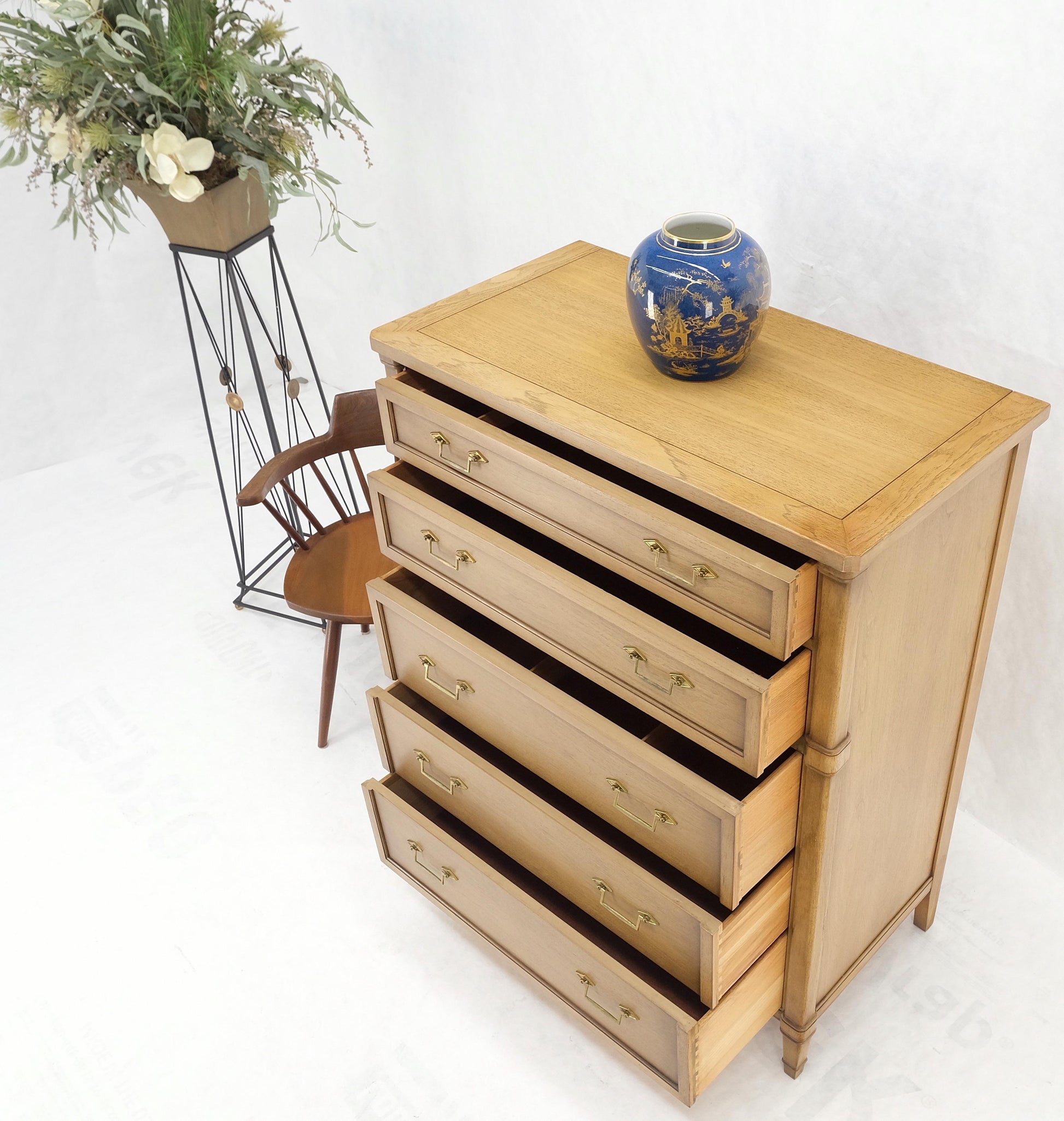 Mid-Century Modern Light Pickled Walnut Brass Pulls 5 Drawers Chest Dresser Mint