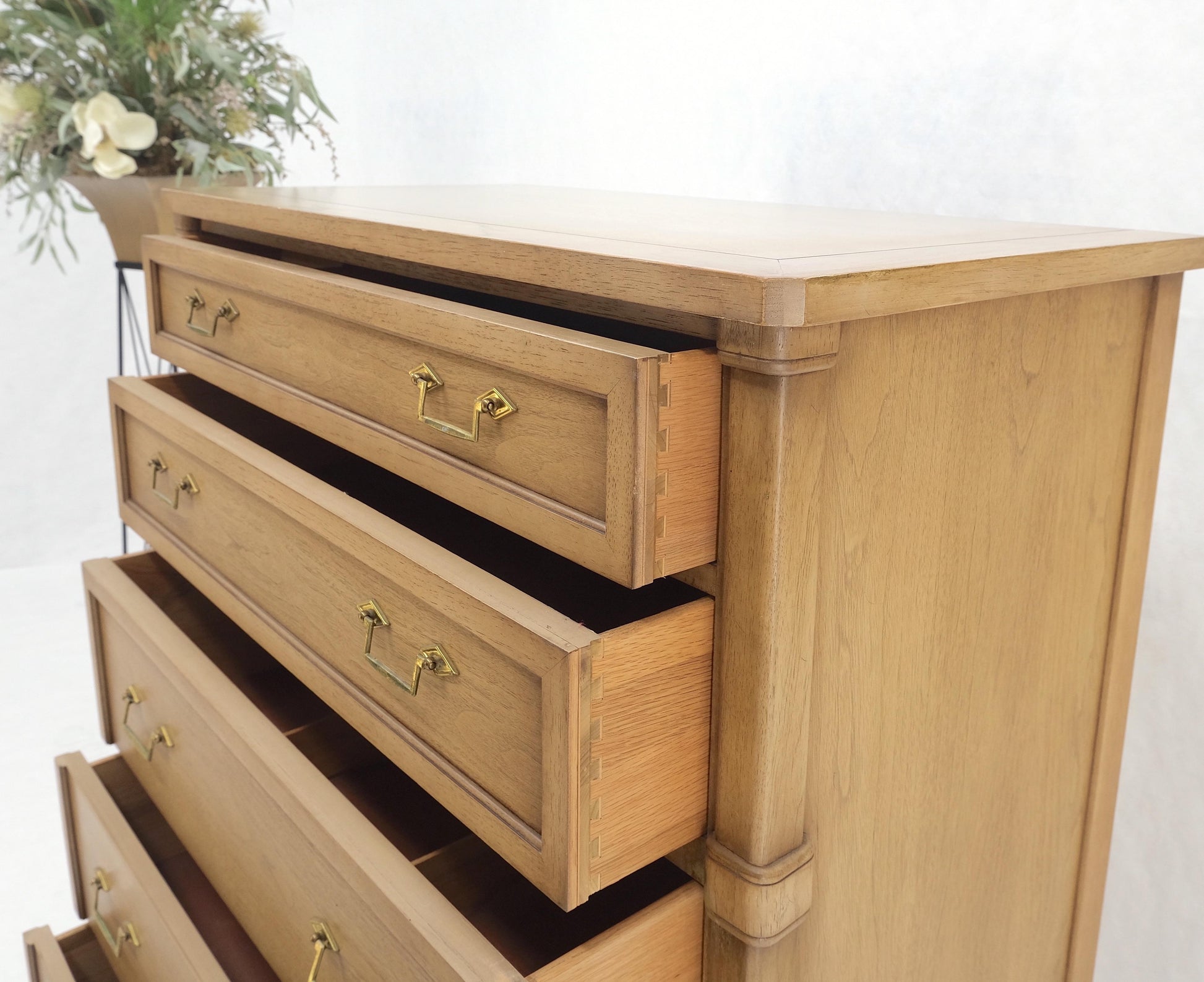 Mid-Century Modern Light Pickled Walnut Brass Pulls 5 Drawers Chest Dresser Mint