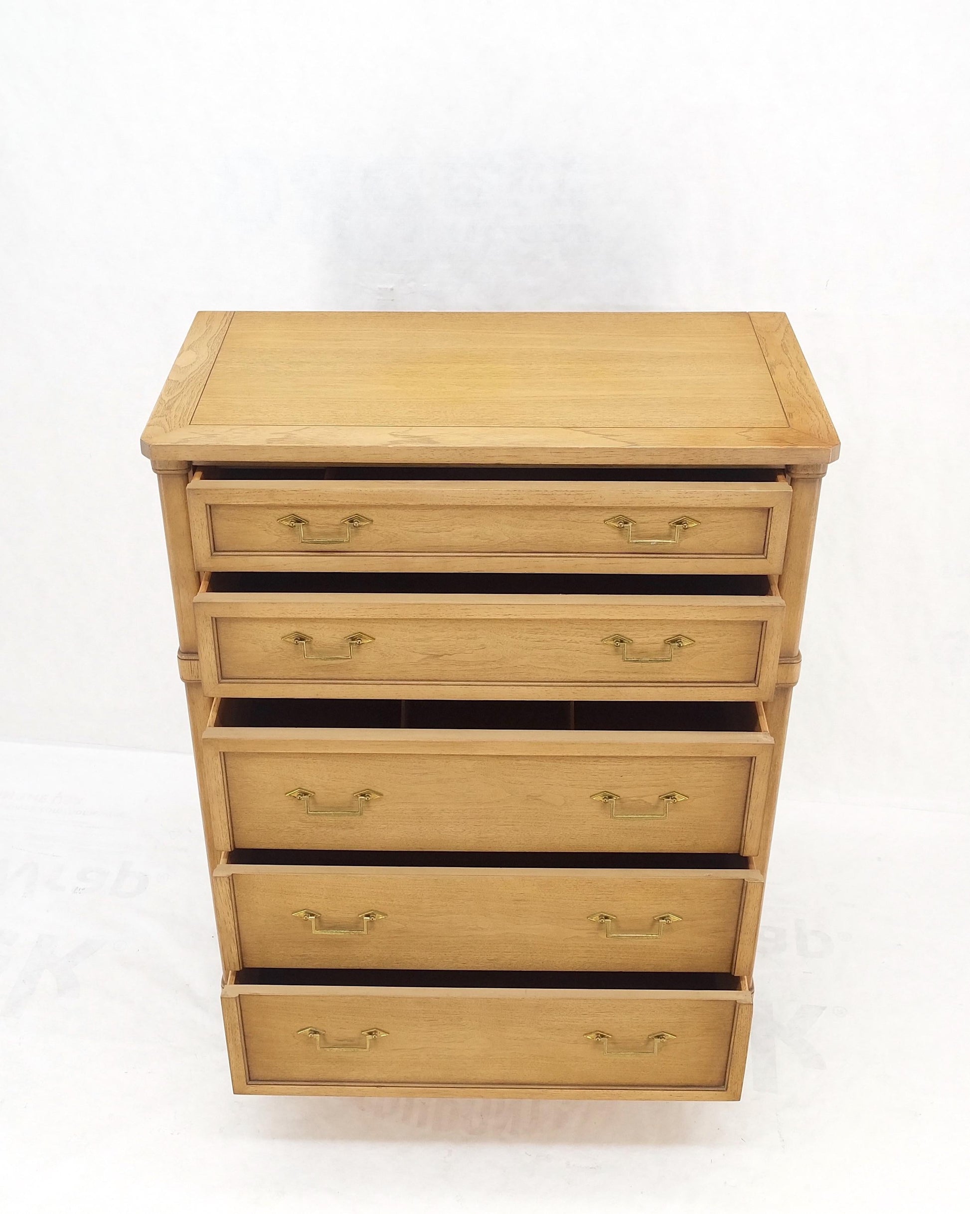 Mid-Century Modern Light Pickled Walnut Brass Pulls 5 Drawers Chest Dresser Mint