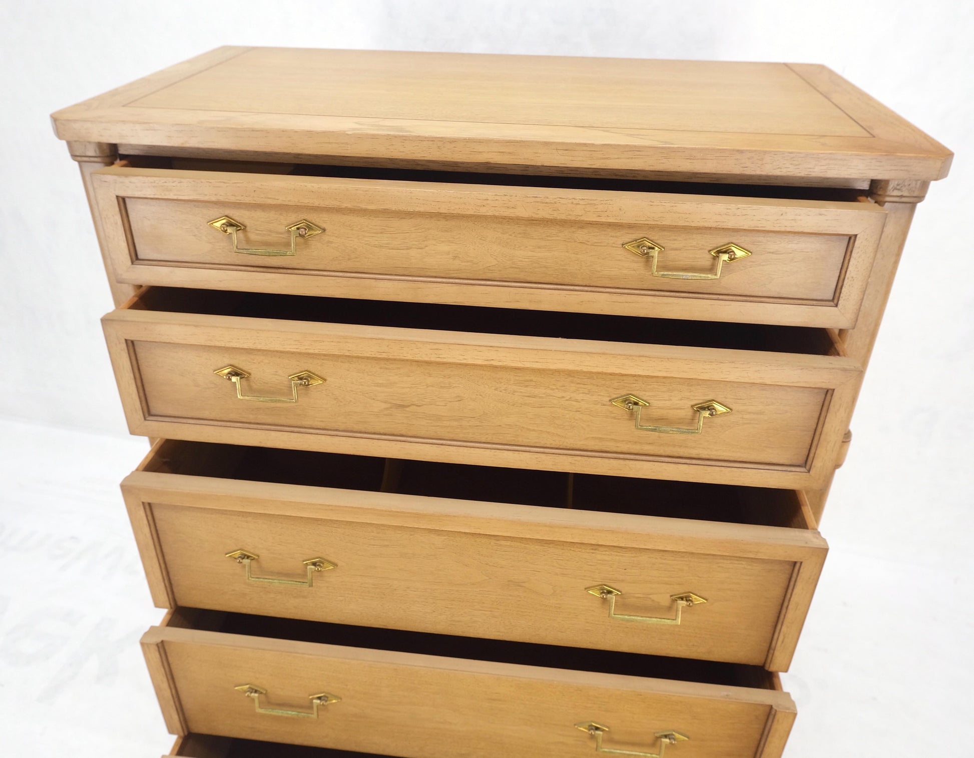 Mid-Century Modern Light Pickled Walnut Brass Pulls 5 Drawers Chest Dresser Mint