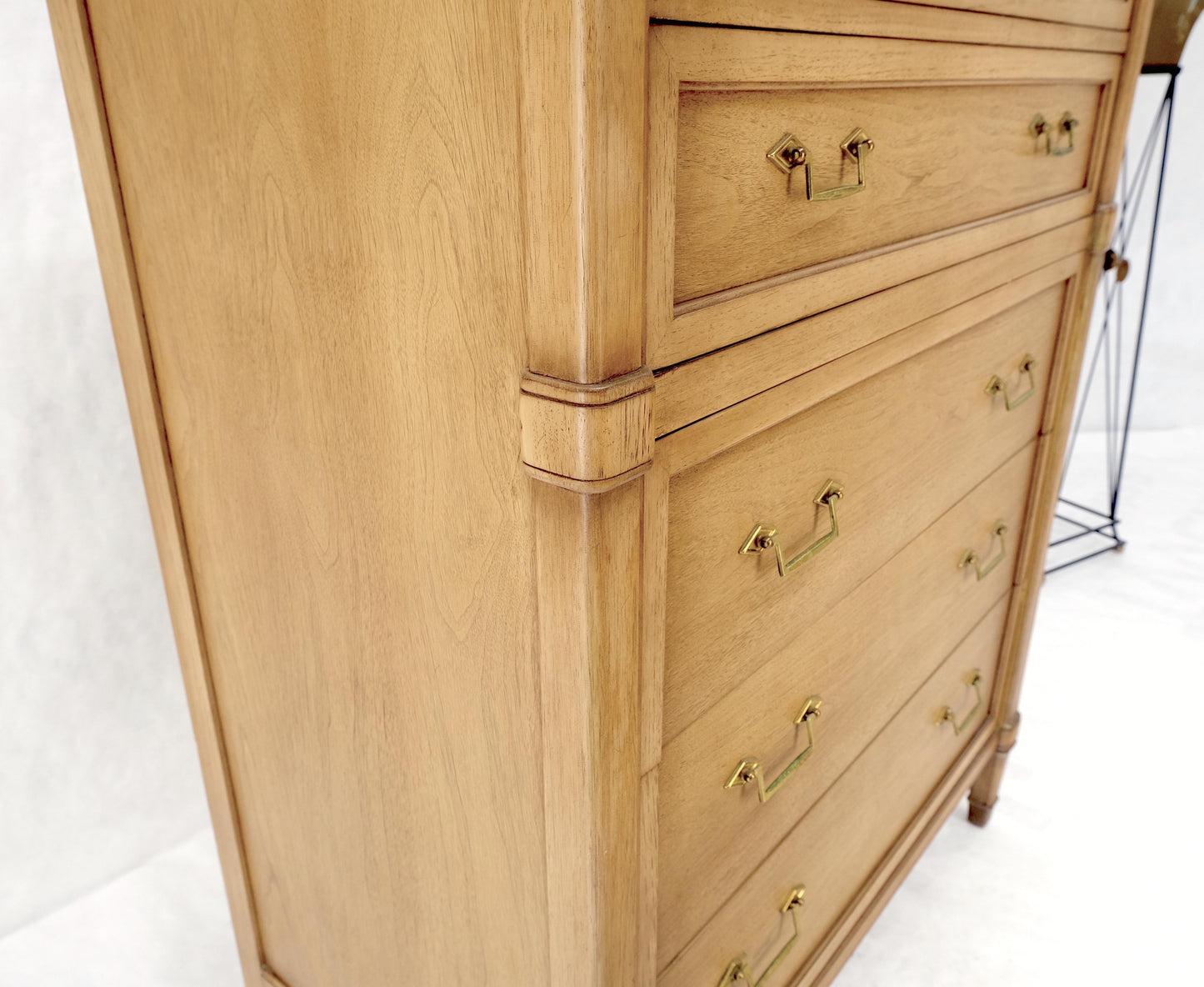 Mid-Century Modern Light Pickled Walnut Brass Pulls 5 Drawers Chest Dresser Mint