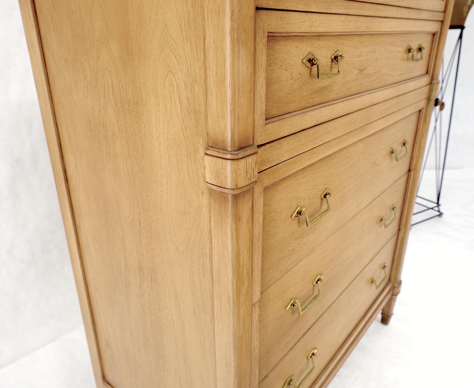 Mid-Century Modern Light Pickled Walnut Brass Pulls 5 Drawers Chest Dresser Mint
