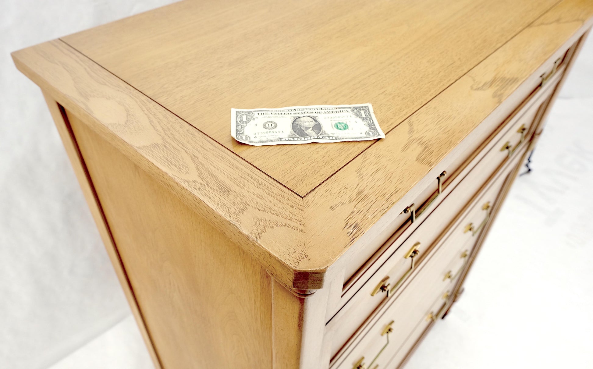 Mid-Century Modern Light Pickled Walnut Brass Pulls 5 Drawers Chest Dresser Mint