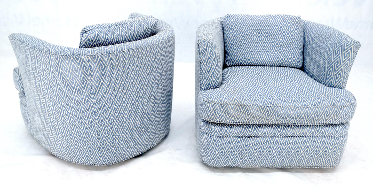 EstablishedLines Pair of  Blue & White Upholstery Vintage MCM Barrel Back Swivel Chairs