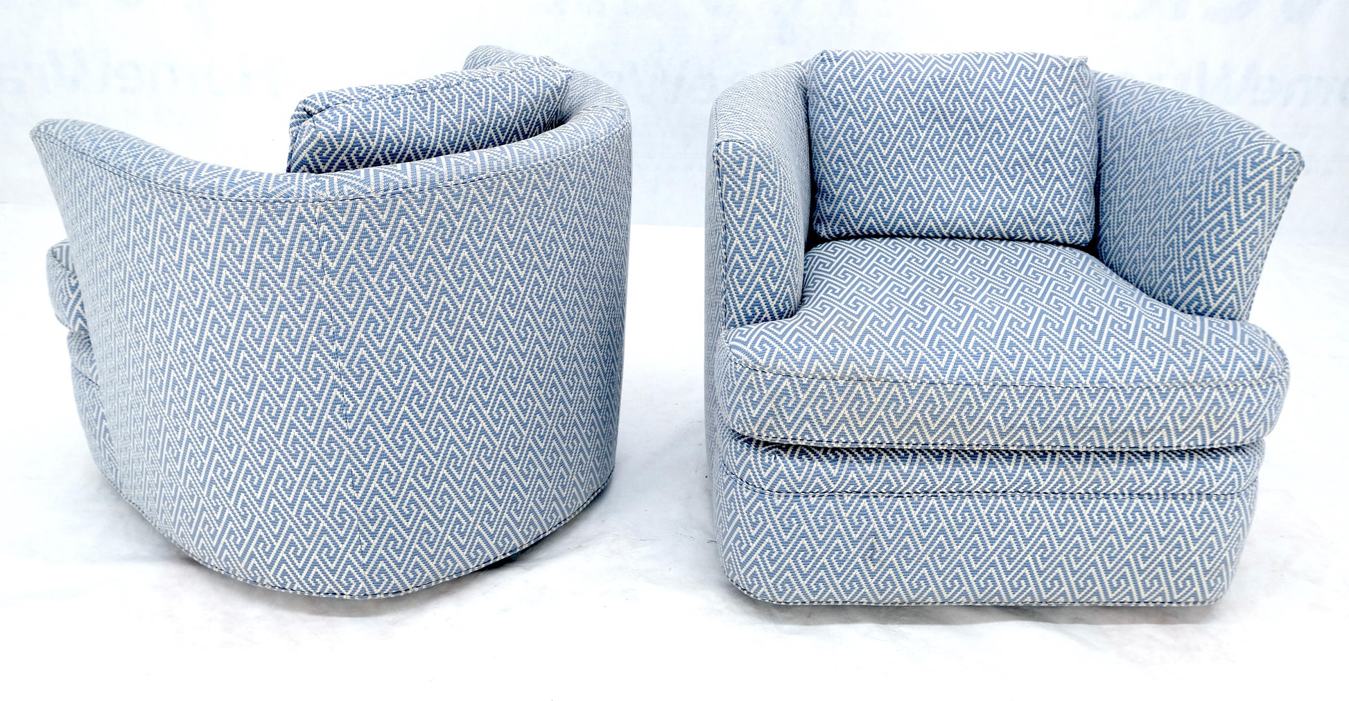 EstablishedLines Pair of  Blue & White Upholstery Vintage MCM Barrel Back Swivel Chairs