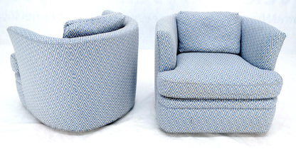 EstablishedLines Pair of  Blue & White Upholstery Vintage MCM Barrel Back Swivel Chairs