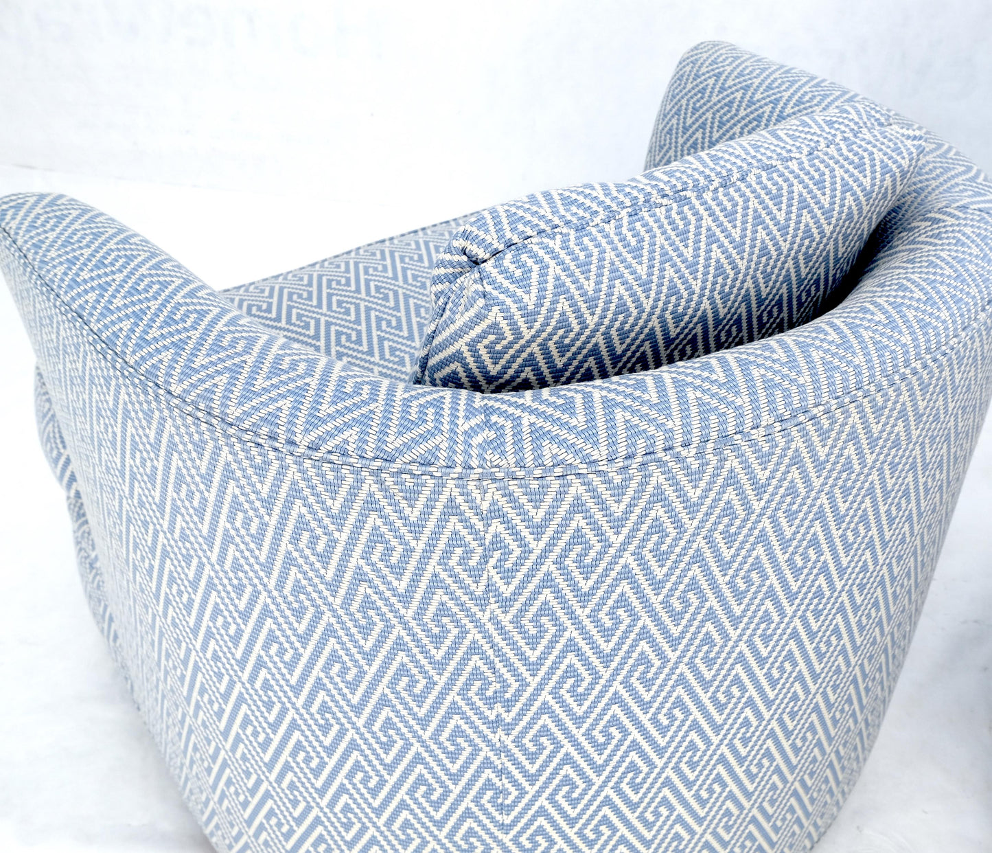 EstablishedLines Pair of  Blue & White Upholstery Vintage MCM Barrel Back Swivel Chairs