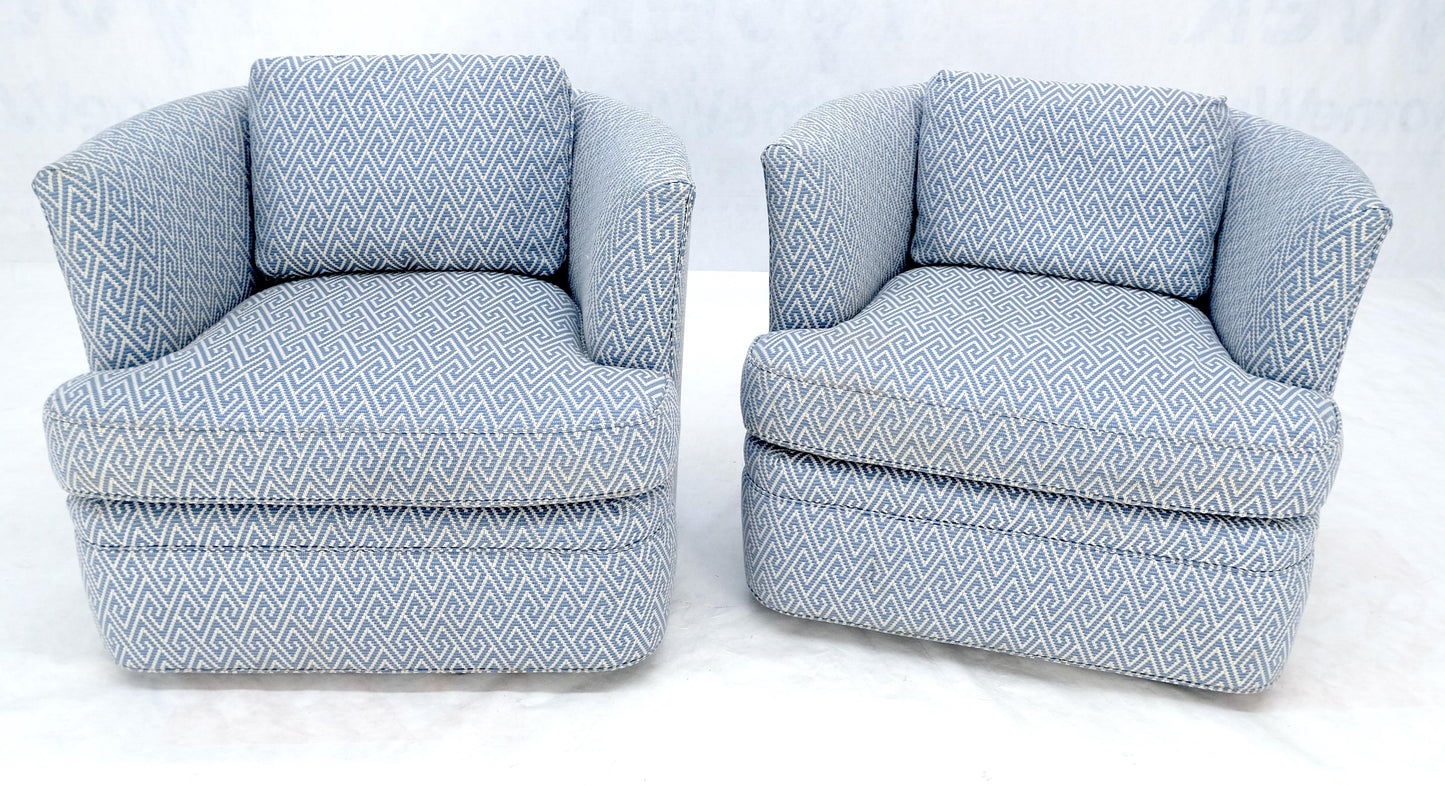 EstablishedLines Pair of  Blue & White Upholstery Vintage MCM Barrel Back Swivel Chairs