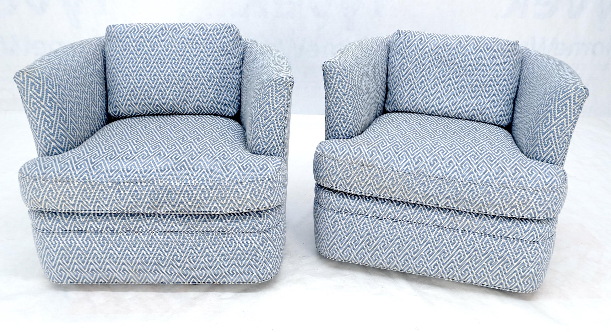 EstablishedLines Pair of  Blue & White Upholstery Vintage MCM Barrel Back Swivel Chairs