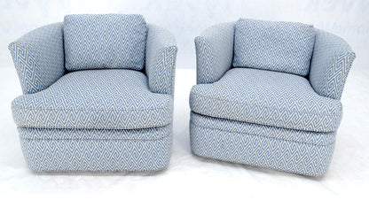 EstablishedLines Pair of  Blue & White Upholstery Vintage MCM Barrel Back Swivel Chairs