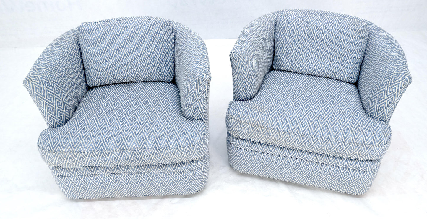 EstablishedLines Pair of  Blue & White Upholstery Vintage MCM Barrel Back Swivel Chairs