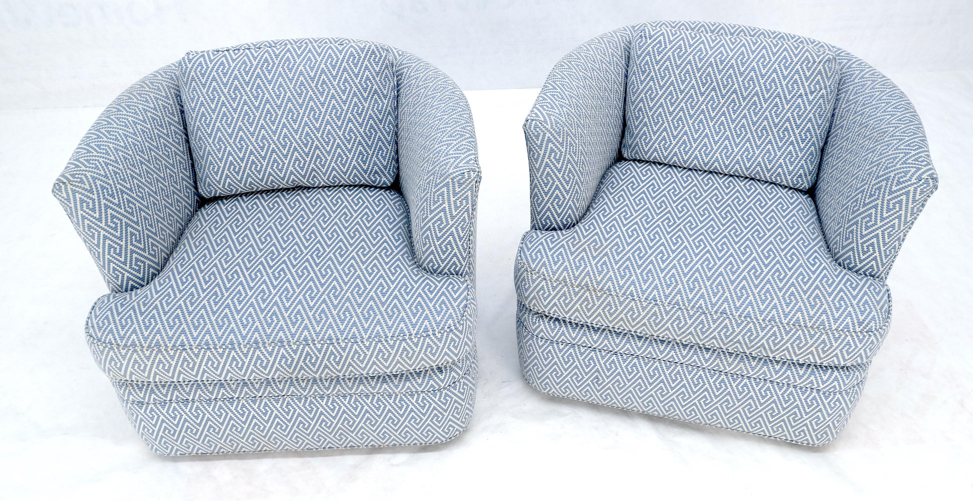 EstablishedLines Pair of  Blue & White Upholstery Vintage MCM Barrel Back Swivel Chairs
