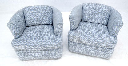 EstablishedLines Pair of  Blue & White Upholstery Vintage MCM Barrel Back Swivel Chairs