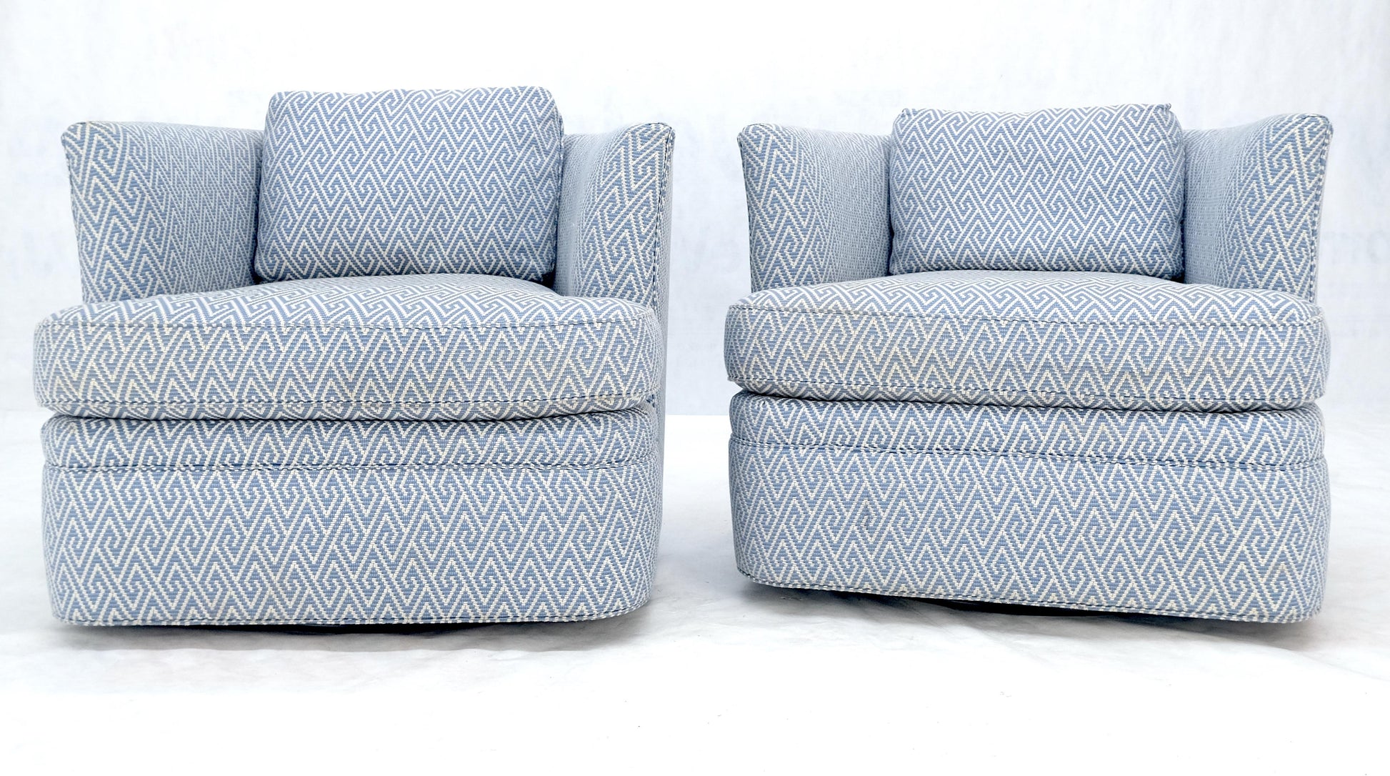 EstablishedLines Pair of  Blue & White Upholstery Vintage MCM Barrel Back Swivel Chairs