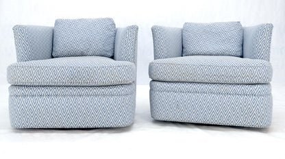 EstablishedLines Pair of  Blue & White Upholstery Vintage MCM Barrel Back Swivel Chairs