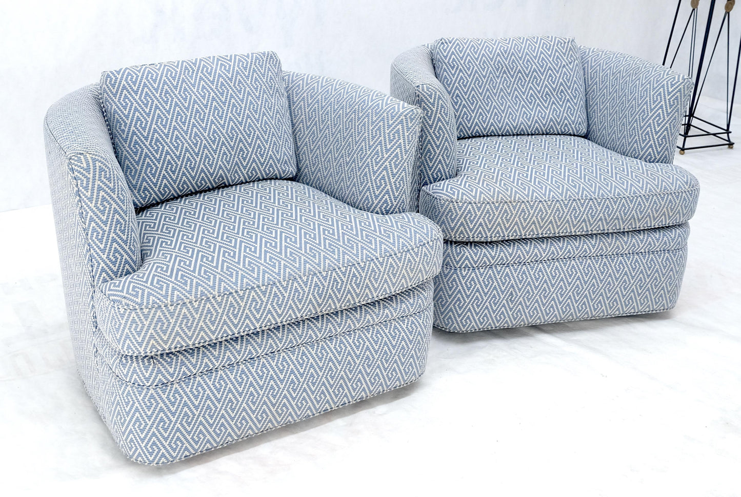 EstablishedLines Pair of  Blue & White Upholstery Vintage MCM Barrel Back Swivel Chairs