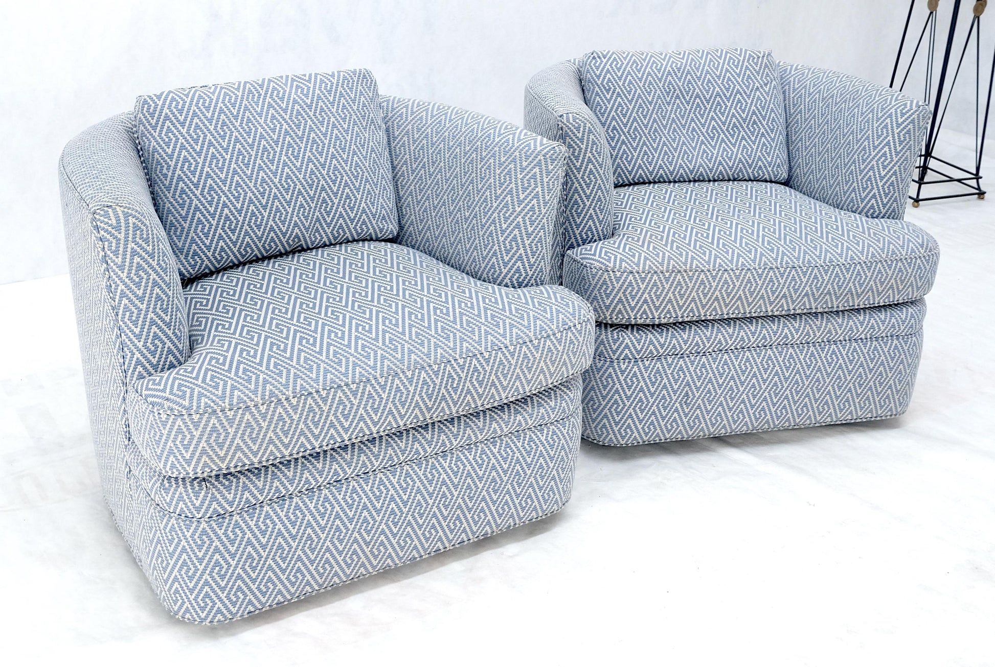 EstablishedLines Pair of  Blue & White Upholstery Vintage MCM Barrel Back Swivel Chairs