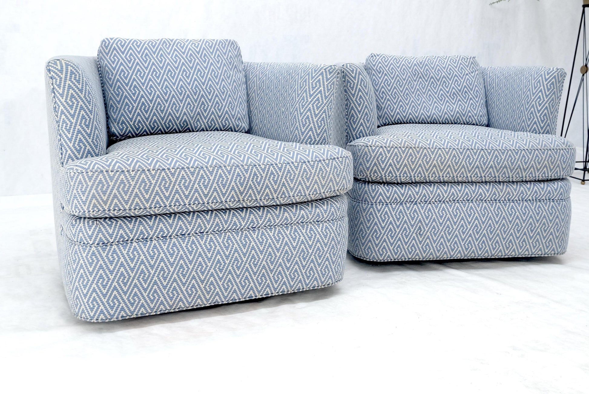 EstablishedLines Pair of  Blue & White Upholstery Vintage MCM Barrel Back Swivel Chairs